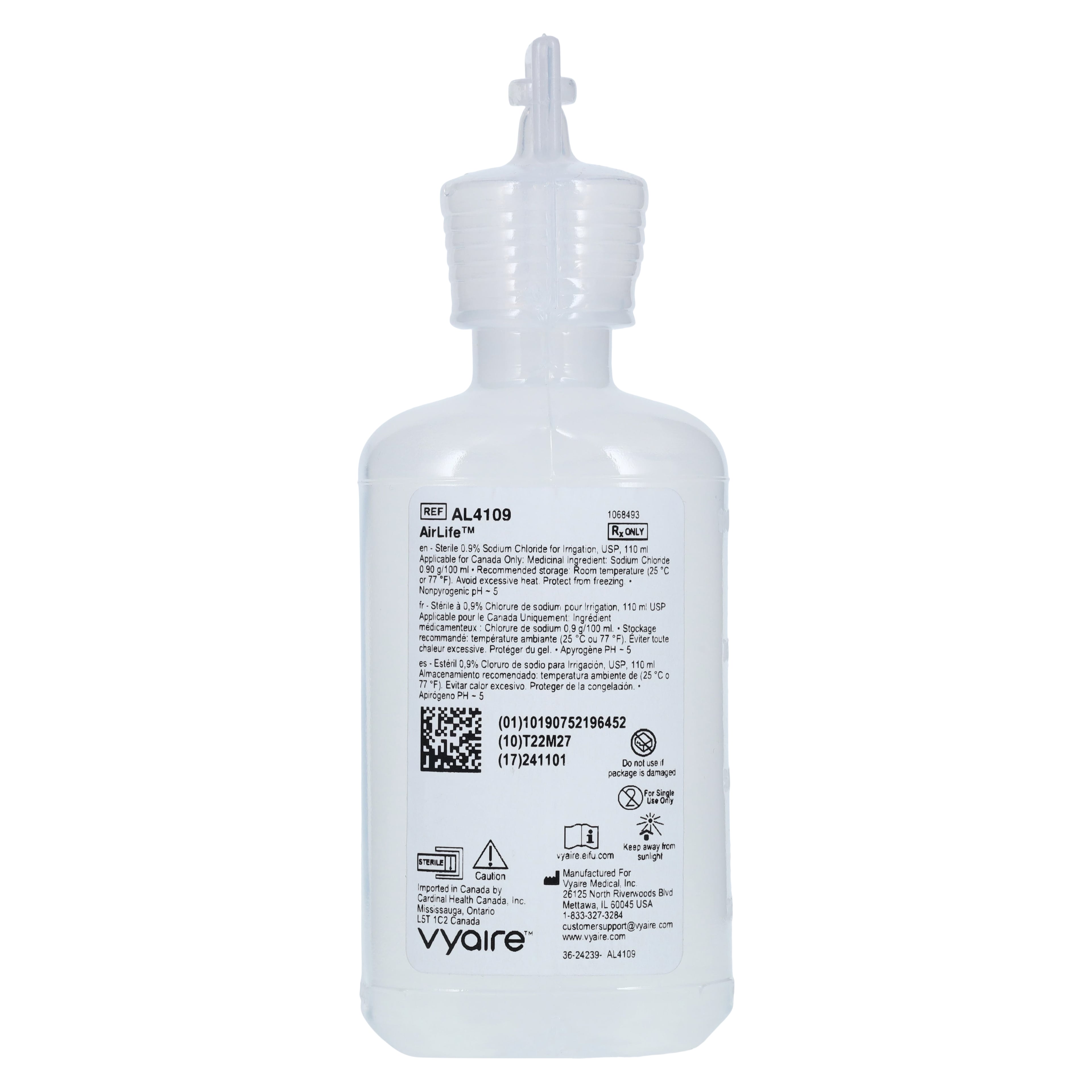 AirLife Sodium Chloride 0.9% Irrigation Solution, 110mL Plastic Bottle, Sterile, DEHP-Free, Latex-Free, Dual Top Closure, 25/Case