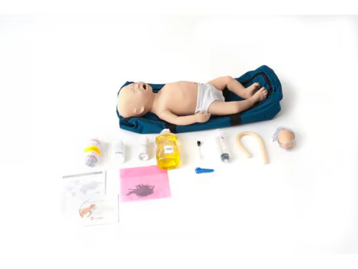 Laerdal Newborn Anne Full-Body Resuscitation Training Manikin with Meconium Module Set, Umbilical Cord, Clamp, Airway Lubricant, Simulated Blood, Baby Powder, IO Fill, Empty Syringe, Pants, Carry Case, and Directions for Use