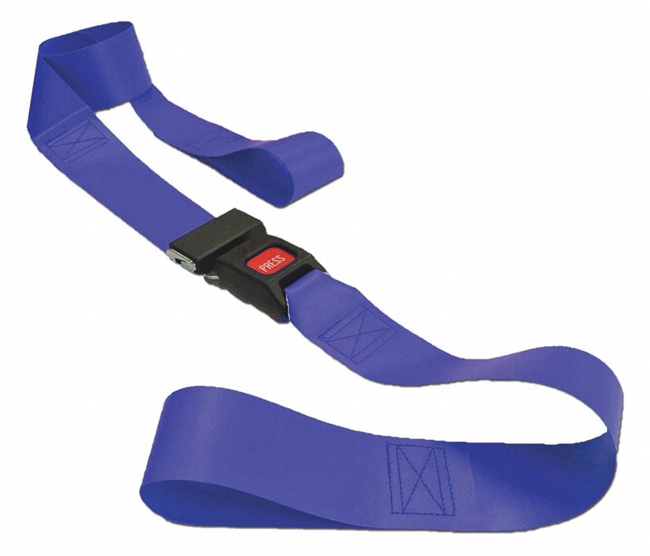 Vinyl Restraint Strap, 2-Piece, Metal Push Button Buckle, Loop Lock Ends, 4 ft, Blue
