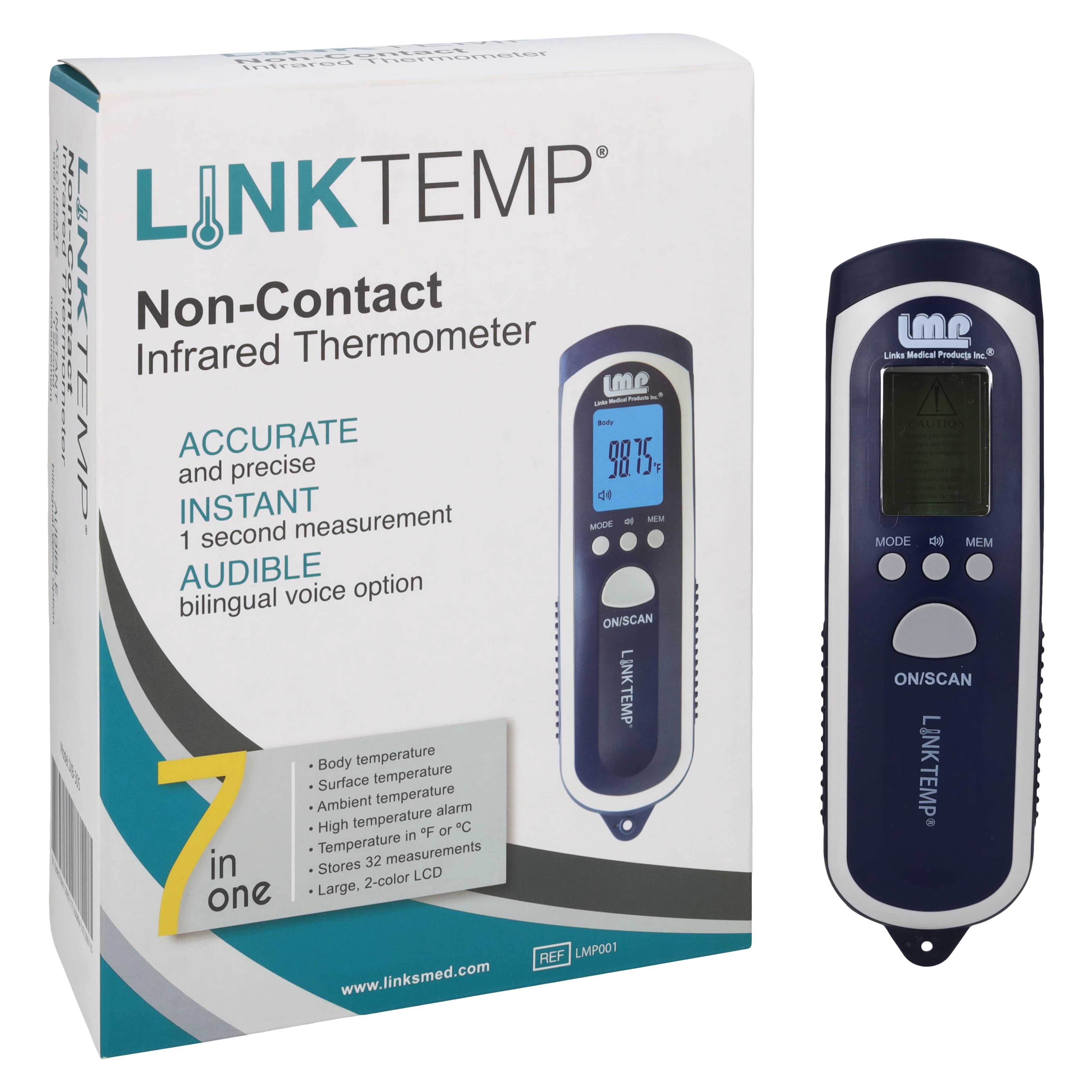 LinkTemp Non-Contact Infrared Thermometer, Forehead, Battery Operated, Each