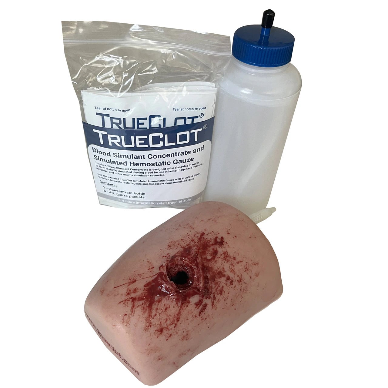 TrueClot Knife Wound Packing Task Trainer, 6.5x5.5x2" with Knife, Laceration Wound, Blood Delivery Bottle, Tubing, One-Way Valve, 5 Hemostatic Training Gauze, 1L Blood Simulant Concentrate