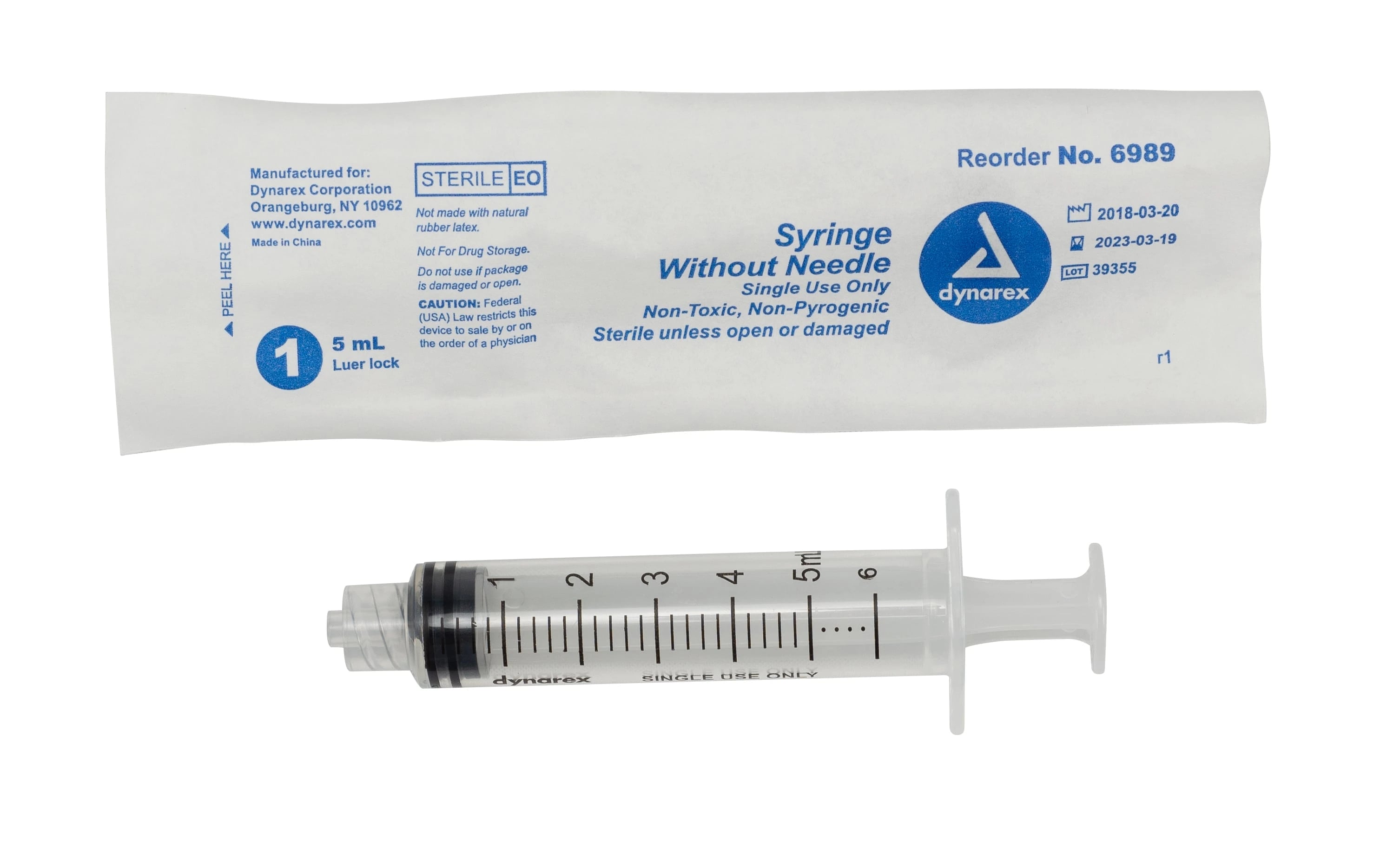 Dynarex Luer Lock Syringe, 5cc, Low Dead Space, Sterile, Without Needle, 100/Box, #6989