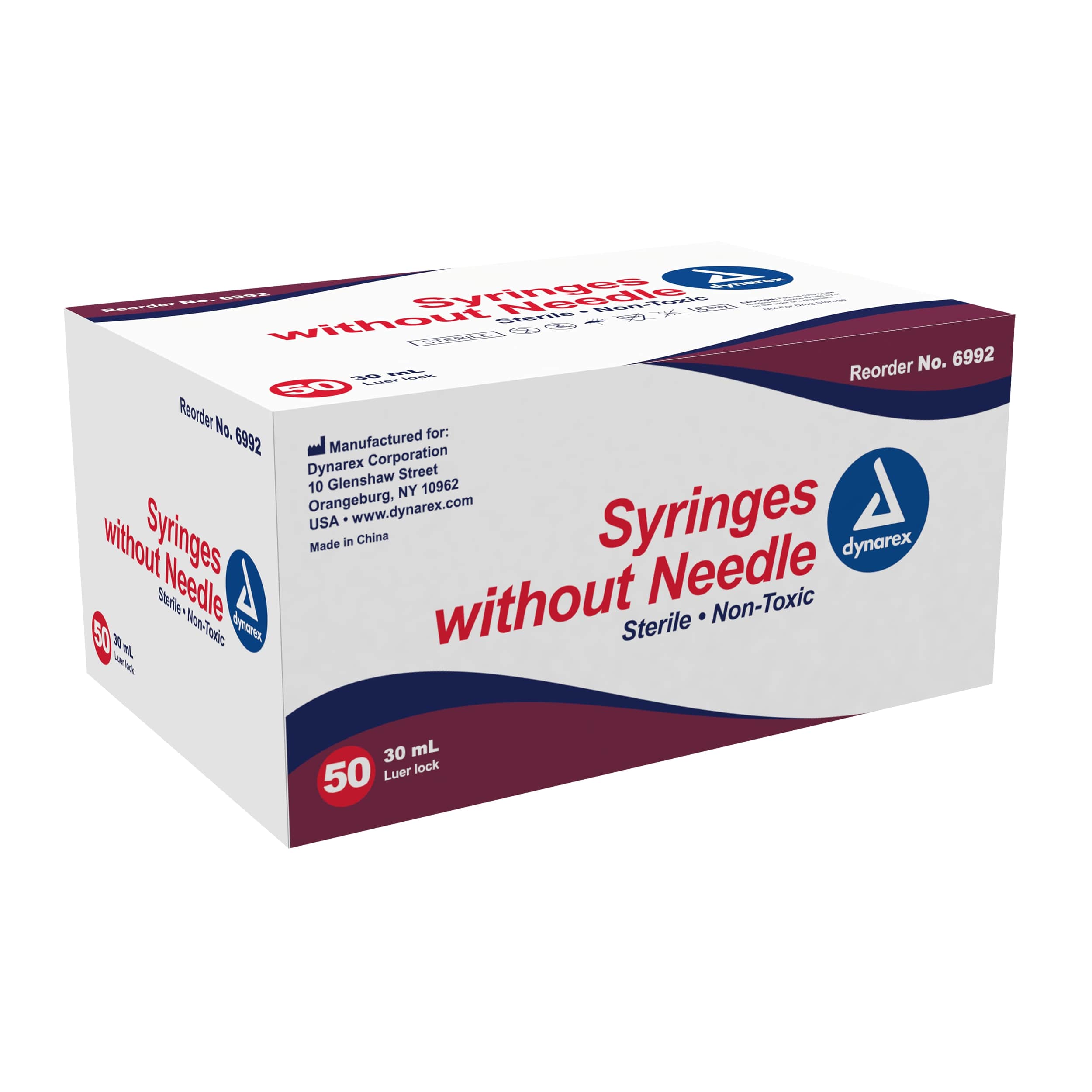 Dynarex Luer Lock Syringe, 30cc, No Dead Space, Sterile, Disposable, 50/Box, #6992
