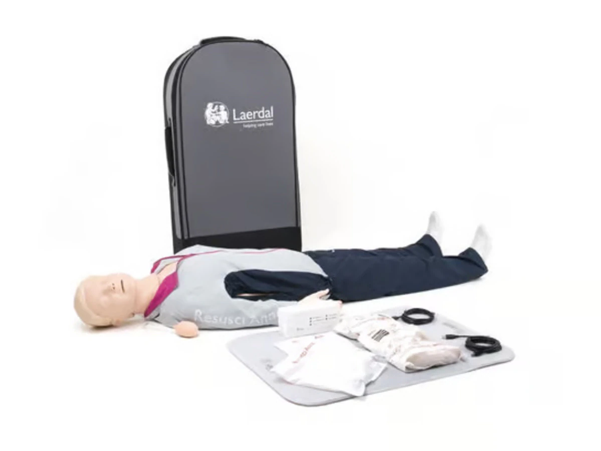 Laerdal Resusci Anne QCPR Full Body CPR Training Manikin with Trolley Bag, Compression Springs, Face Skins, Airway Assemblies, and USB/AC Power Adapter