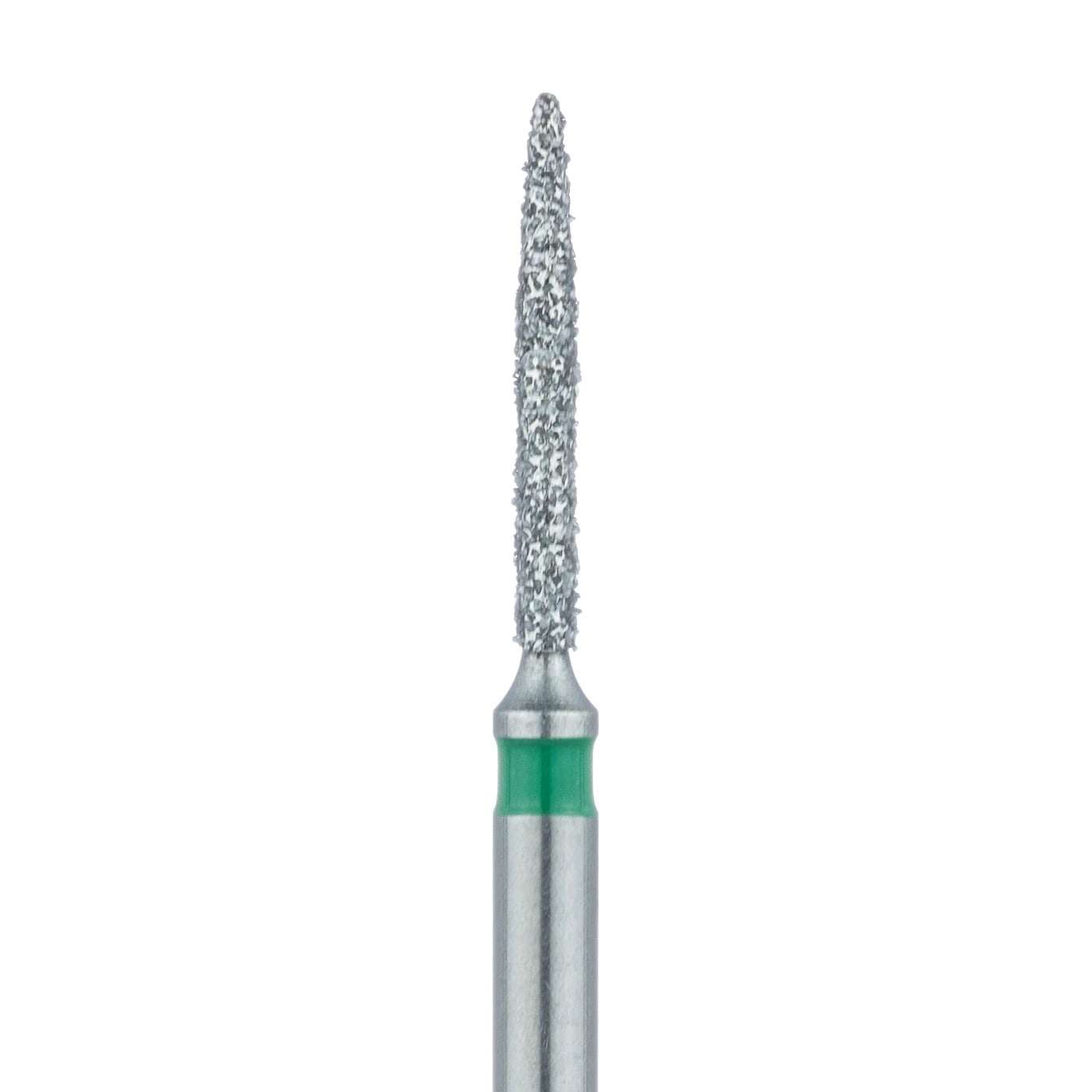 Meisinger FG #862G-010 Coarse Flame Shaped Diamond Bur, Friction Grip, 1.0 mm Head, 8 mm Working Length, Green Band, Multi-Use, 5/Pk
