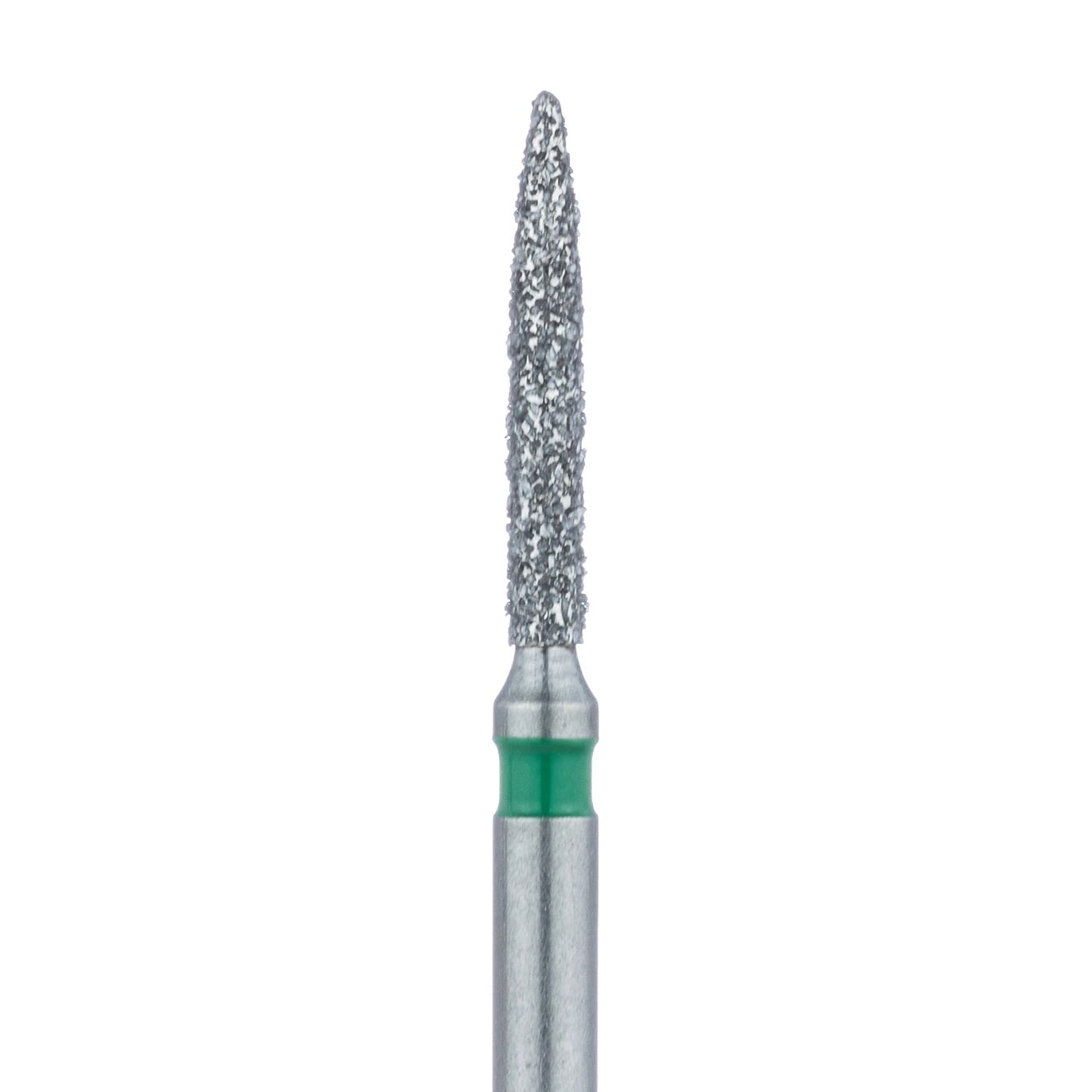 Meisinger 862G-012-FG Coarse Flame Diamond Bur, Friction Grip, 1.2 mm Head, 8 mm Working Length, Green Band, Multi-Use, 5/Pk
