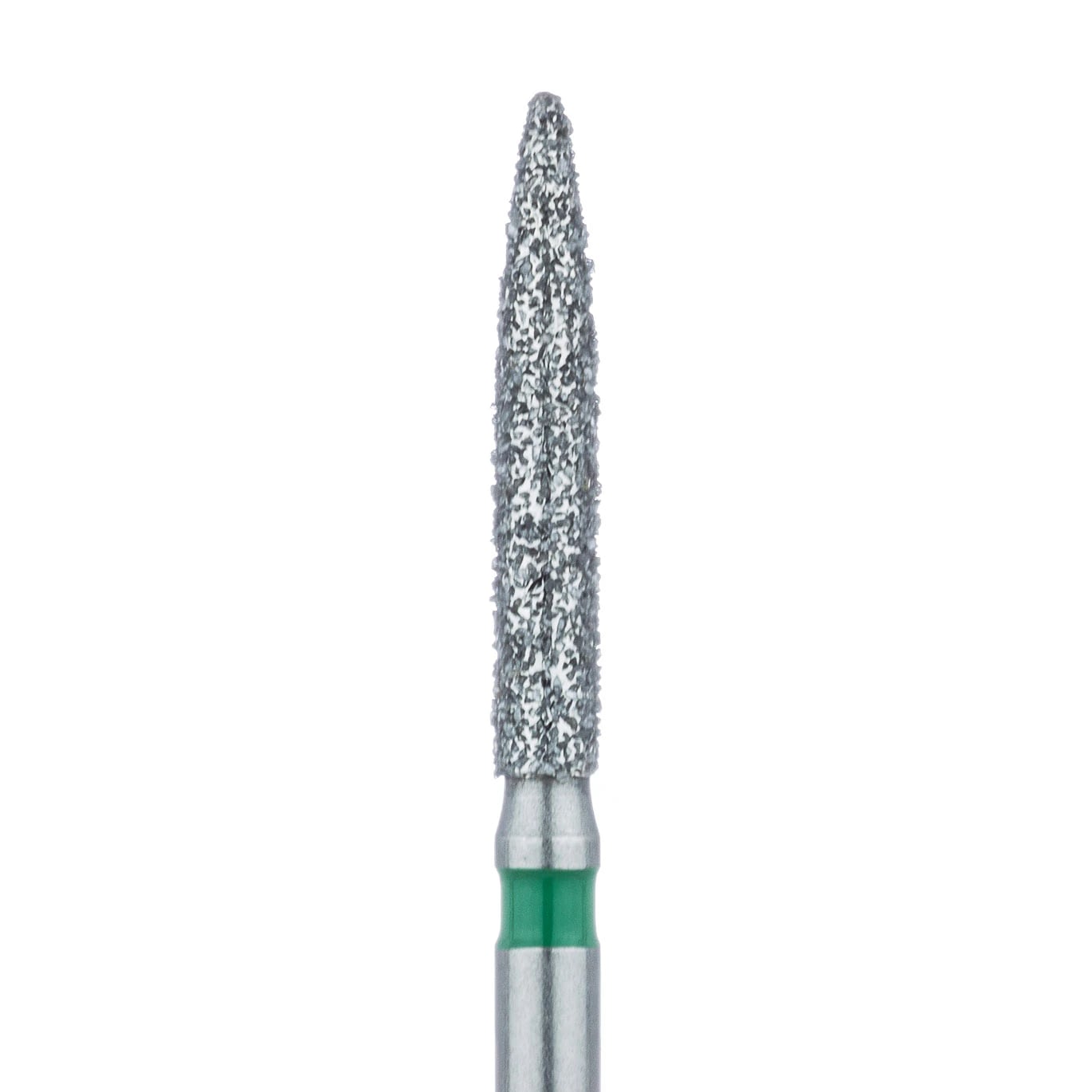 Meisinger 863G-016-FG Coarse Diamond Bur, Flame Shape, Friction Grip, 1.6 mm Head Diameter, 10 mm Head Length, Green Ring, 5/Pkg