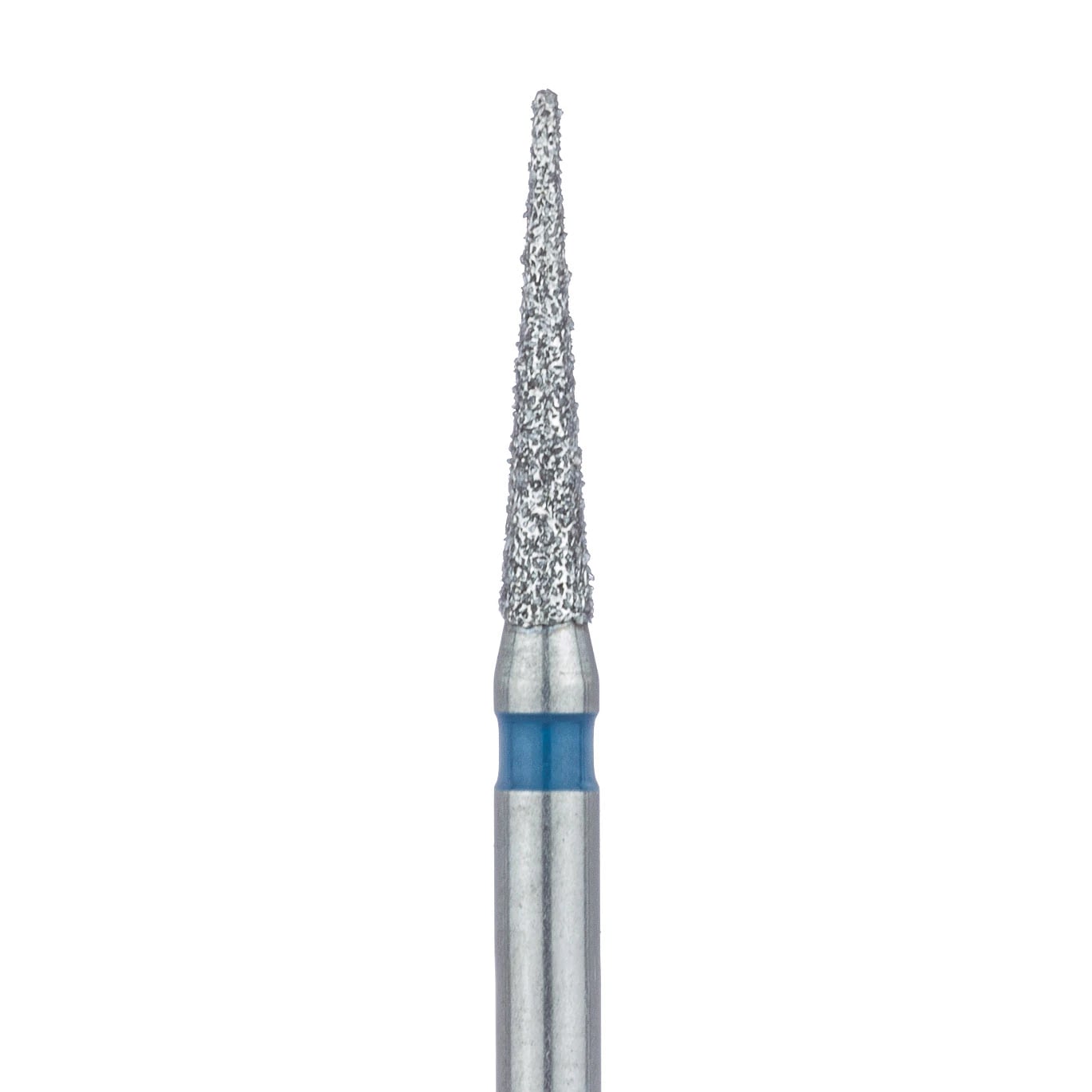 Meisinger 858-014-FG Diamond Bur, FG, Medium Grit, Blue Ring, Needle Shape, Point End, 1.4 mm Head Diameter, 8.0 mm Head Length, 5/Pkg