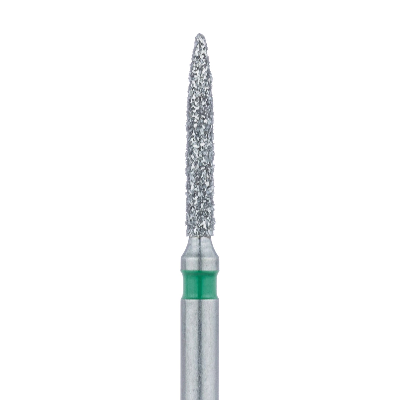 Meisinger 862G-012-SS Coarse Flame Diamond Bur, Friction Grip Short Shank, 1.2 mm Head, 8 mm Working Length, Green Band, Multi-Use, 5/Pk