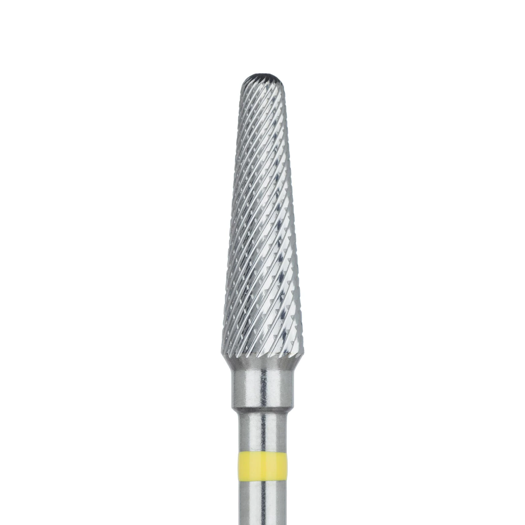 Meisinger Tungsten Carbide Lab Bur, HM79EX-040, X-Cut Extra Fine, Tapered Round End, HP, 4.0 mm Diameter, 14.2 mm Head Length, Yellow Ring, 1 Each