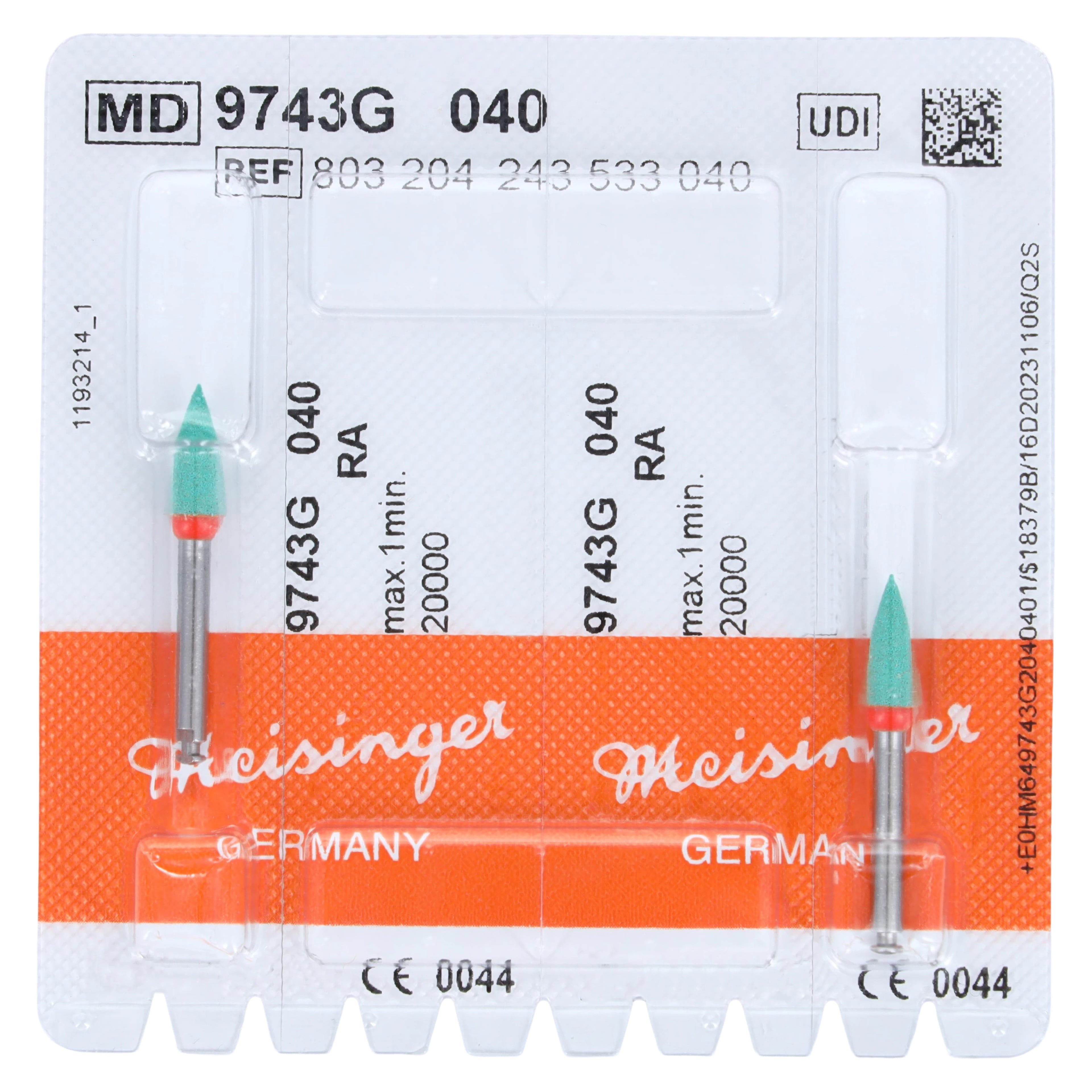 Meisinger Ceramic Polisher, Flame, Coarse, Green/Orange, RA, 4.0mm, 2/Pkg, 9743G-040-RA-GR/O