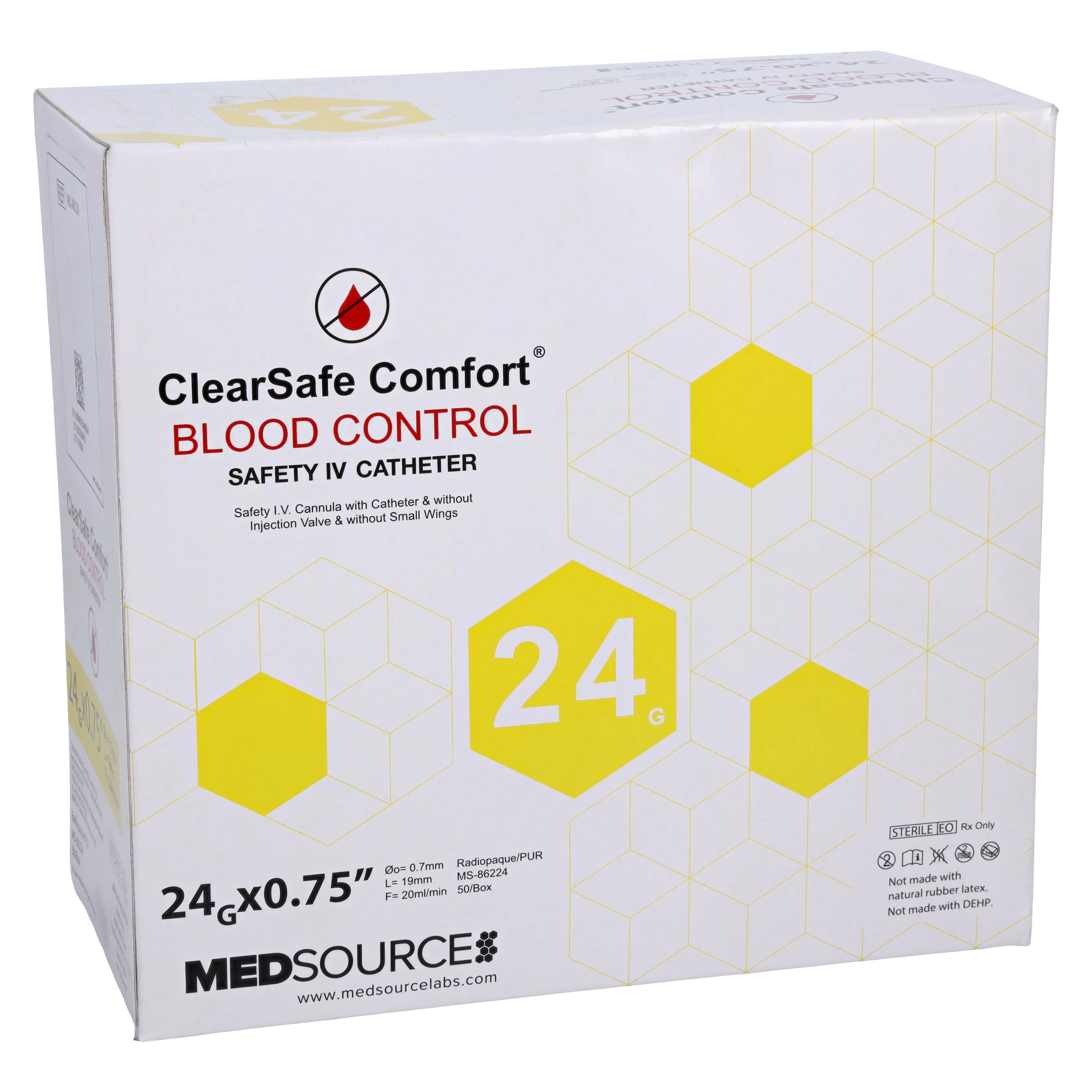 ClearSafe BC Safety IV Catheter, 24 Gauge, 0.75", Sterile, Radiopaque, Anti-Stick, Latex-Free, 50/Box
