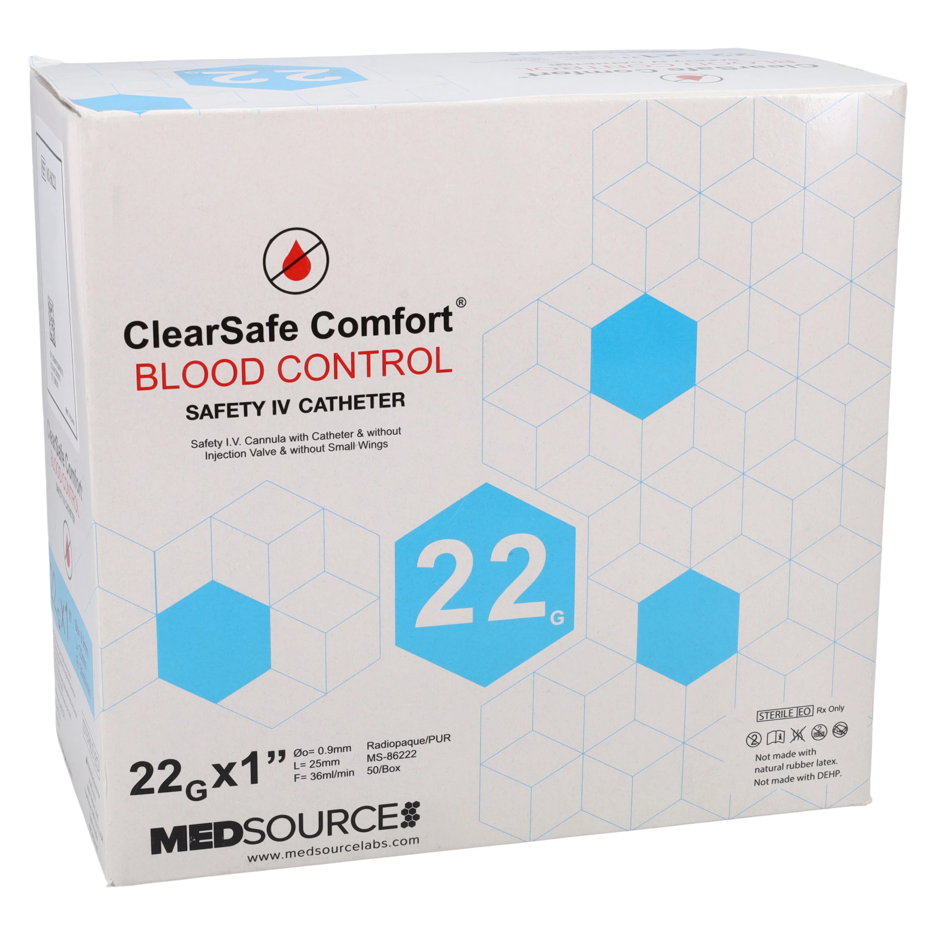 ClearSafe BC Safety IV Catheter, 22 Gauge, 1 Inch, Sterile, Latex-Free, Radiopaque, Anti-Stick, 50/Box