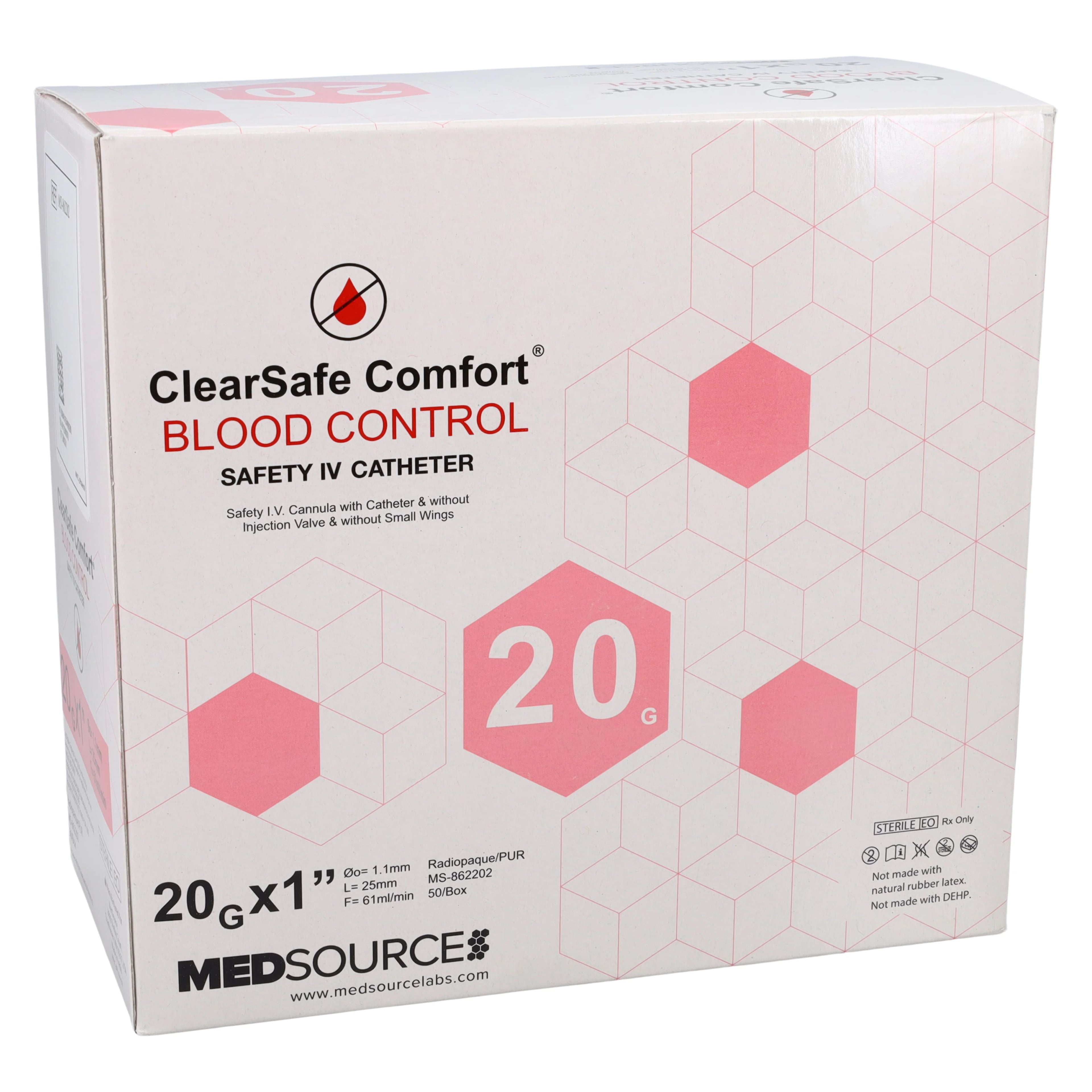 ClearSafe BC Safety IV Catheter, 20 Gauge, 1 Inch, Sterile, Latex-Free, Radiopaque, Anti-Stick, 50/Box