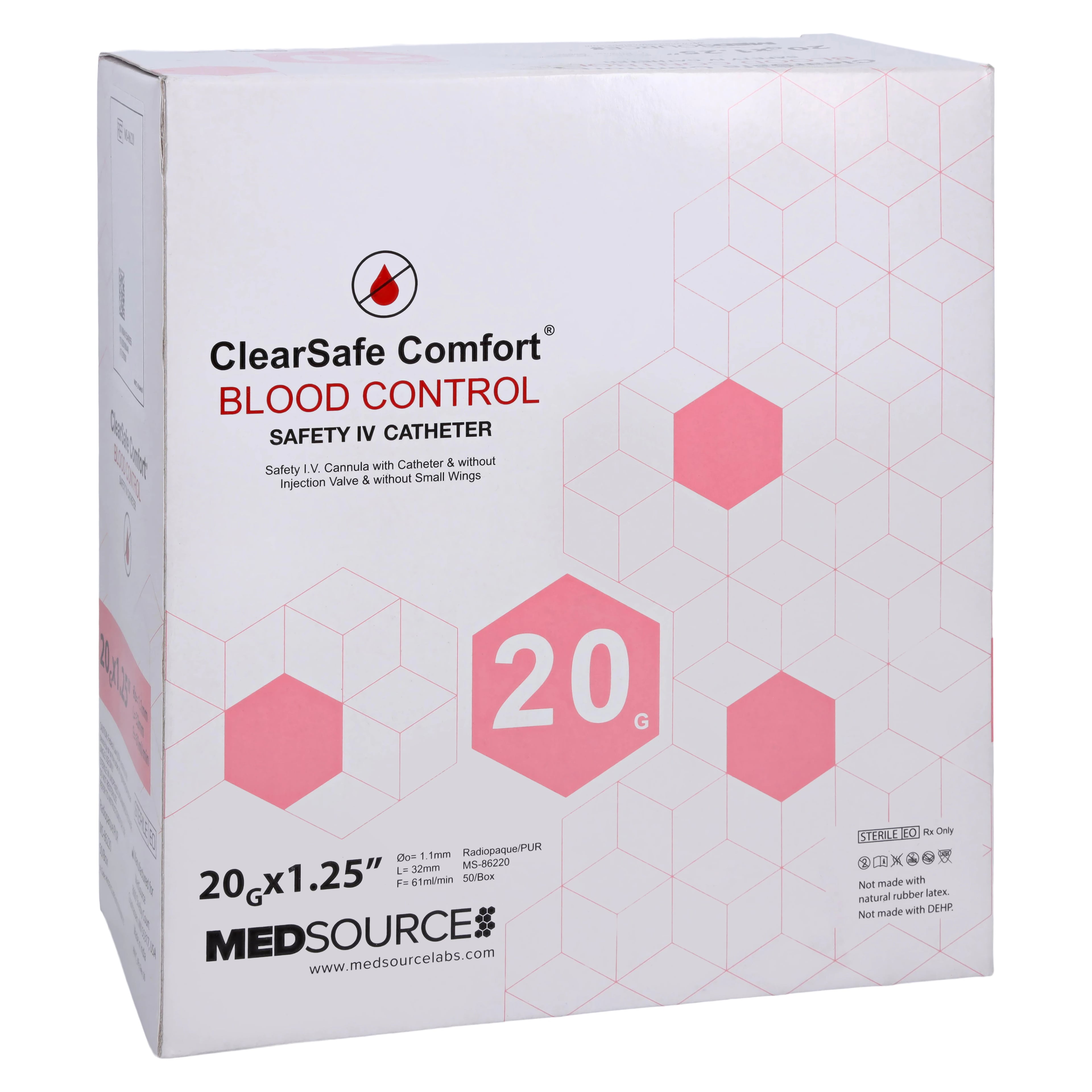 ClearSafe BC Safety IV Catheter, 20 Gauge, Anti-Stick, 50/Box