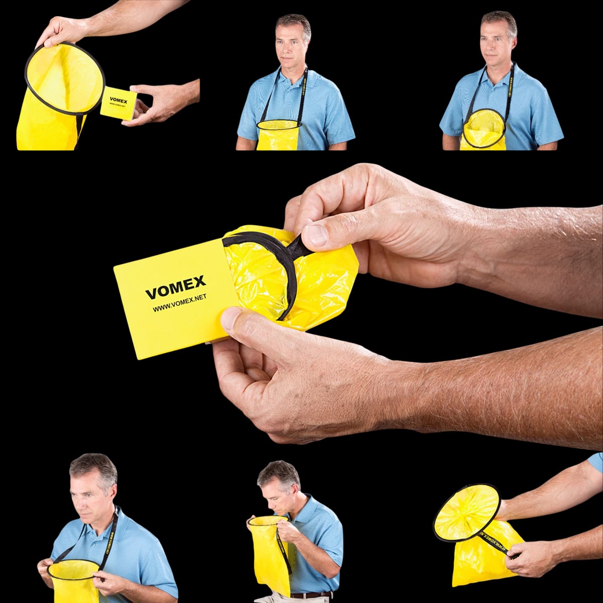 Vomex Hands-Free Emesis Bag, 12x16", Yellow, Tie Closure, Plastic, Disposable, Each