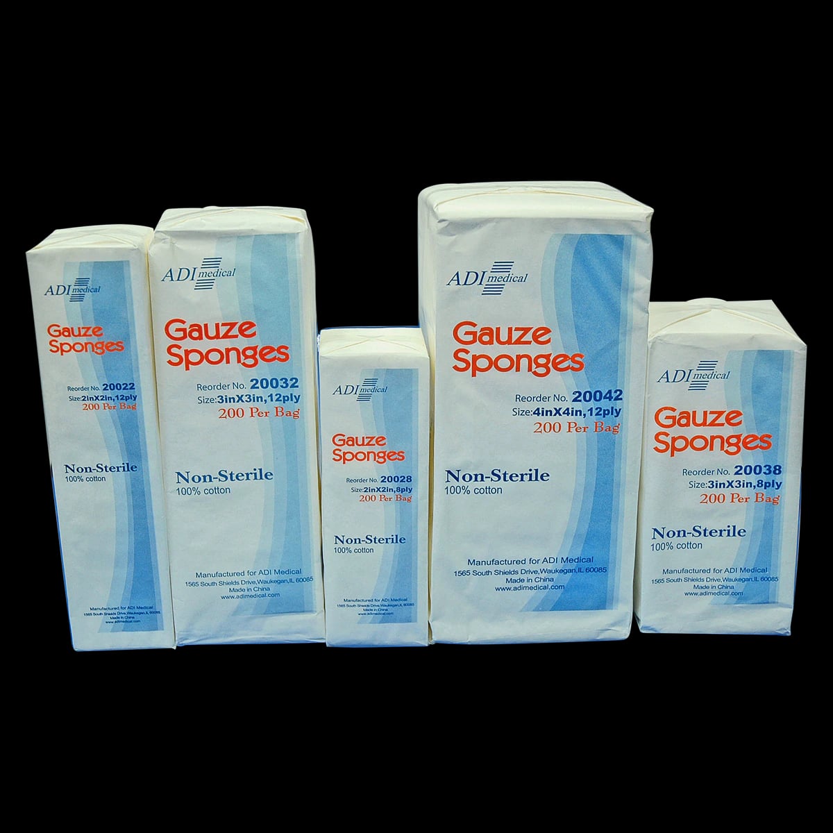 Adi Medical Cotton Filled Gauze Sponge, 4x4", 8 Ply, Non-Sterile, Woven
