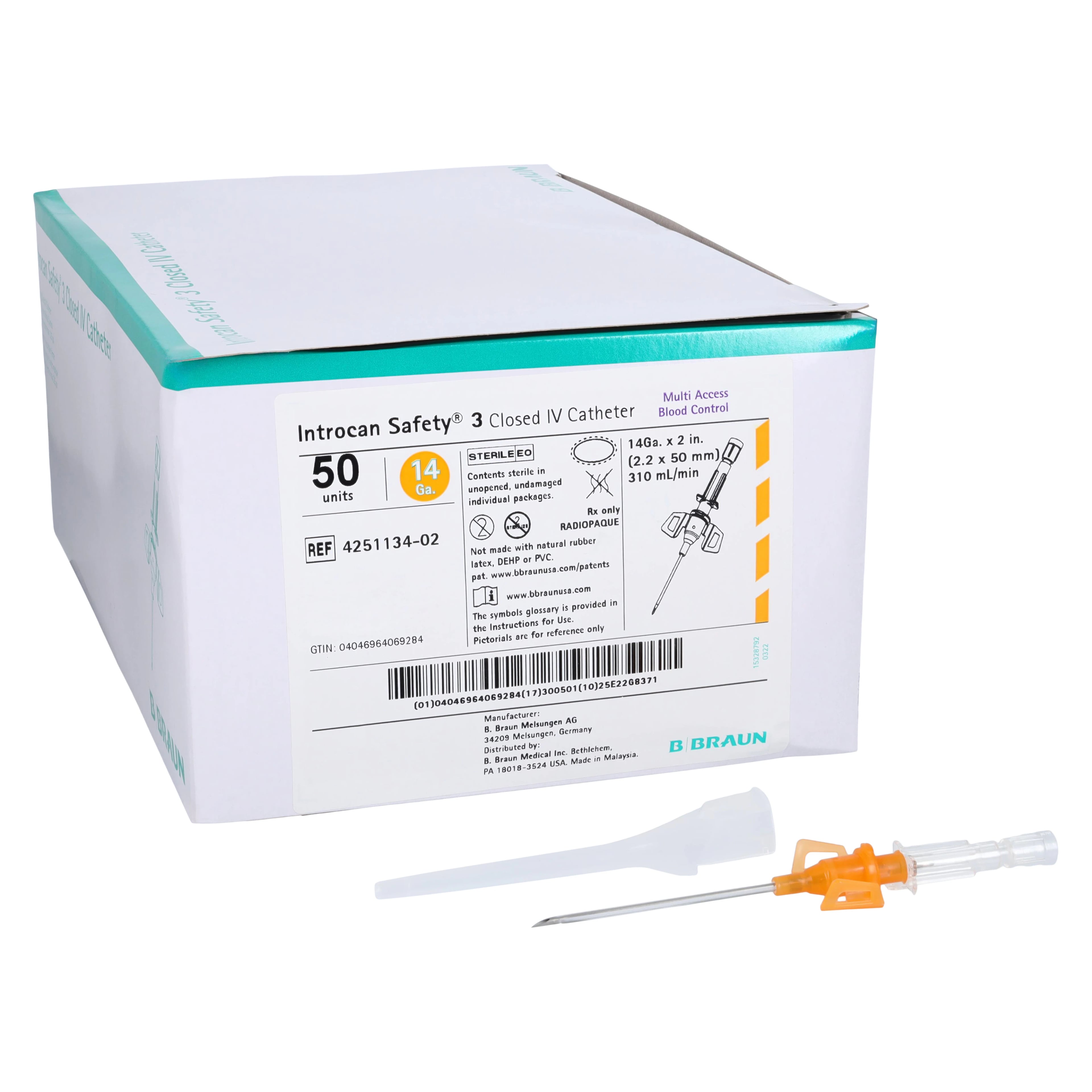 B. Braun Introcan Safety 3 IV Catheter, 14 Gauge, 2" Length, Closed, Polyurethane, Safety with Wings, 50/Box