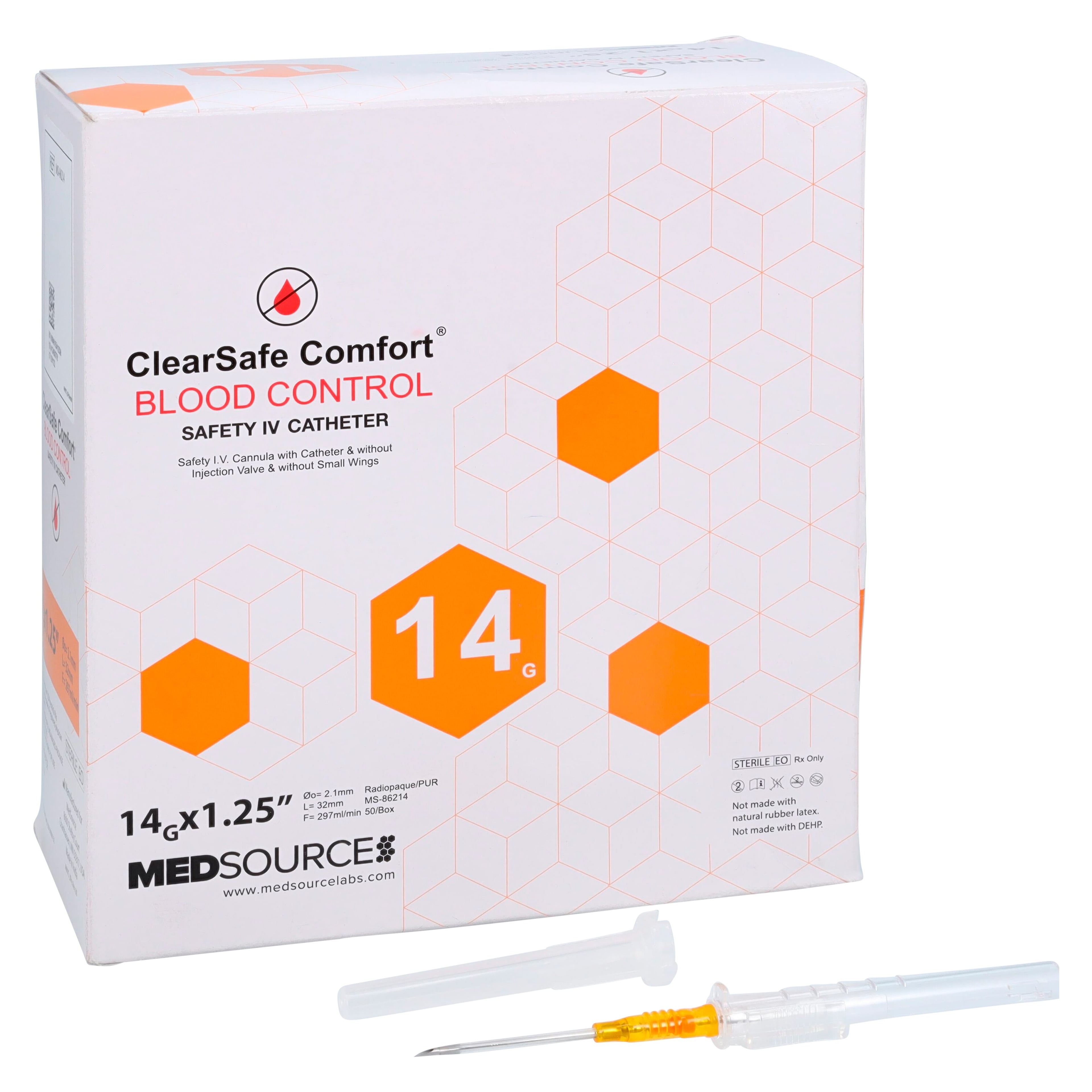 ClearSafe BC Safety IV Catheter, 14 Gauge, 1-1/4", Sterile, Sliding Safety Needle, 50/Box