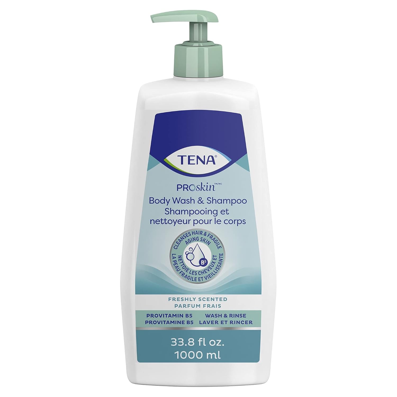 TENA Shampoo & Body Wash, Fragrance Free, 33.8 oz Dispenser, 8/Case