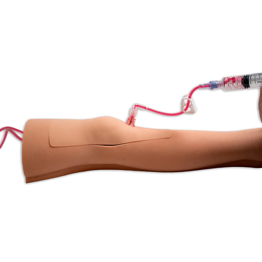 Nasco Penny Pediatric Intraosseous Infusion Leg, Light Skin, with Base, Replaceable Skin Insert, Patella, 6 Tibia Bones, 6 Femur Bones, Wax Pack, Tubing, Blood Bags, Syringe, and Storage Box