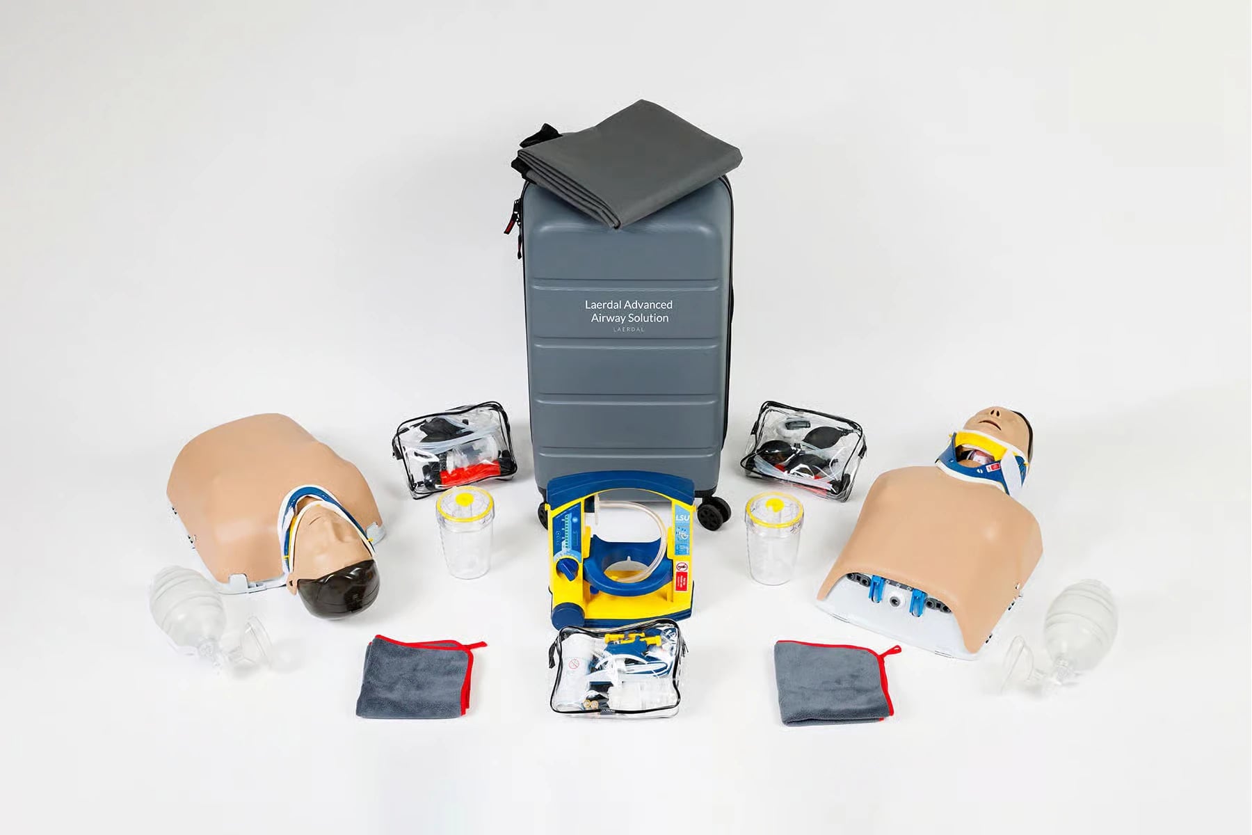 Laerdal Advanced Airway Solution, Adult Airway Management/CPR Training Manikin with Laerdal Suction Unit (LSU), 2 Little Anne Advanced Airway Manikins, Transport Suitcase, and Accessories