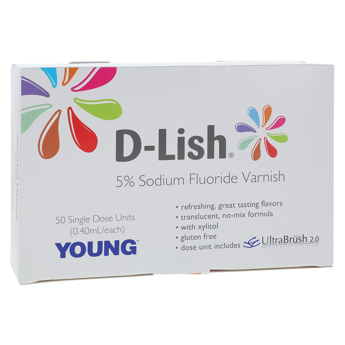 D-Lish 5% Sodium Fluoride Varnish, Assorted Flavors, 50 Unit Doses with UltraBrush 2.0 Applicators, 218450