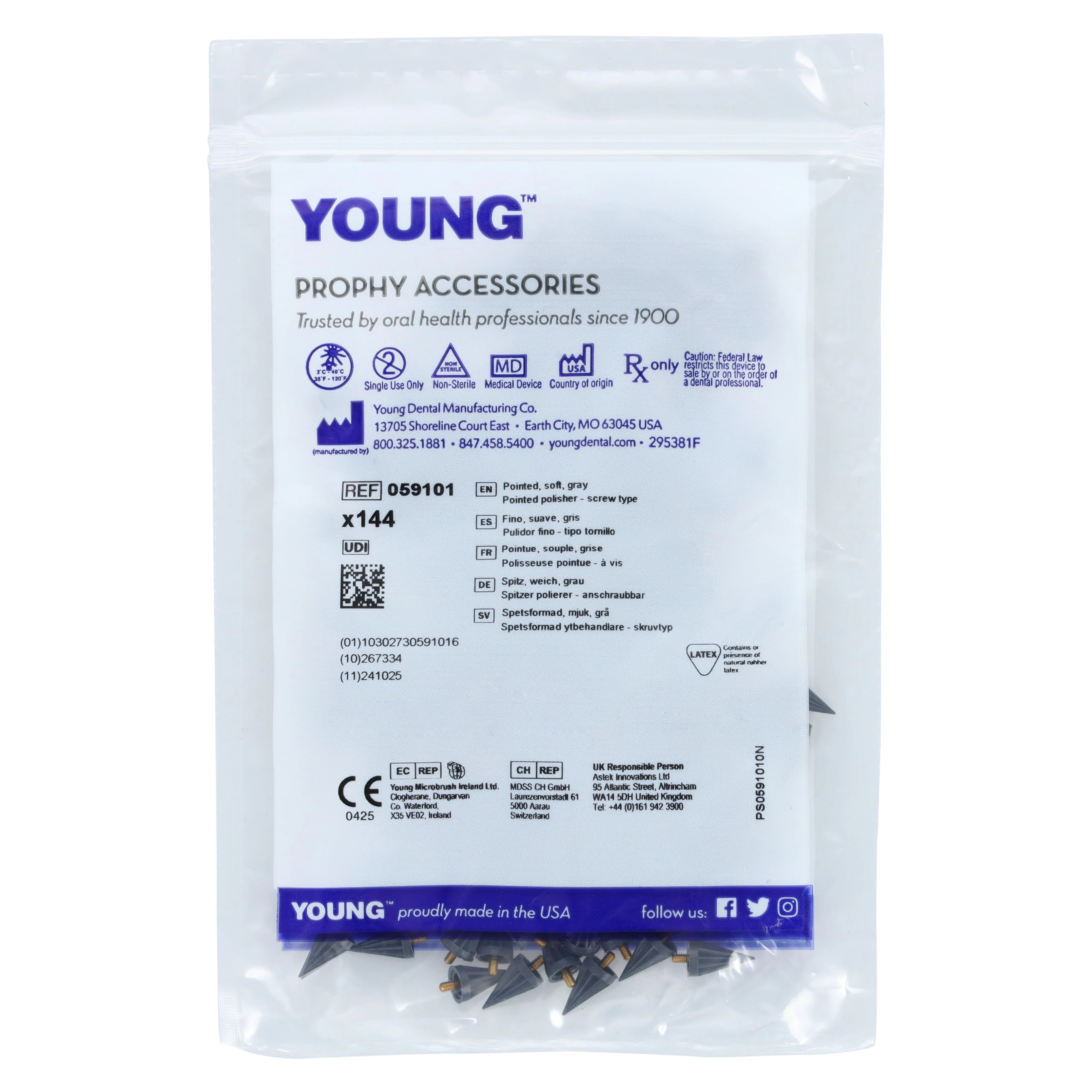 Young Dental Pointed Prophy Polisher, Soft, Gray, Screw-Type, Latex-Free, 144/Pk, 059101
