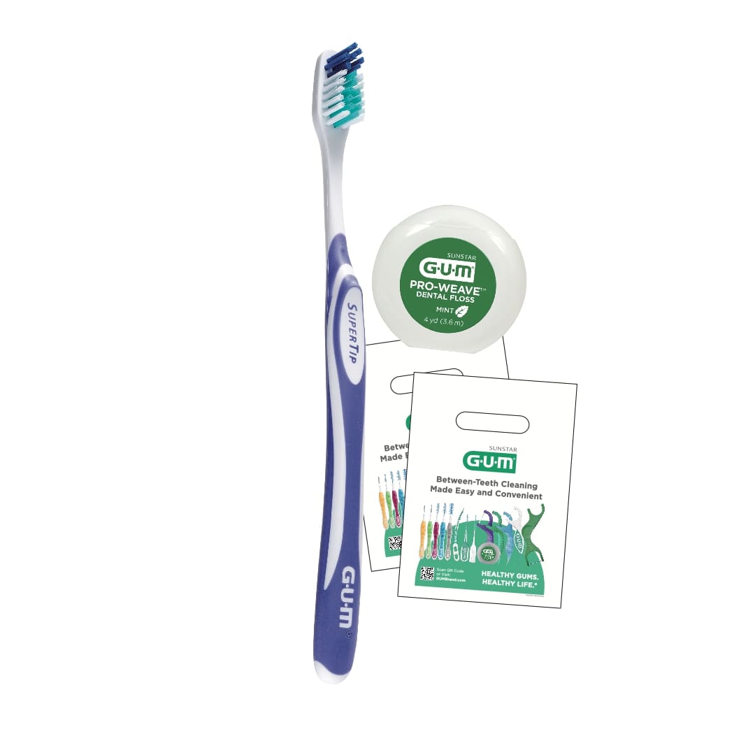 GUM Kit Adult Patient Pack Super Tip Toothbrush Bundle with ButlerWeave Floss, 144 Kits, KIT461P