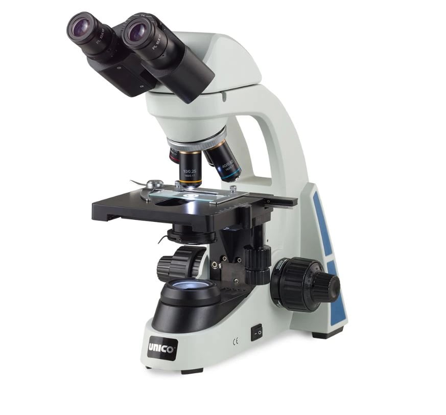 Unico M280PL Plan Binocular Microscope, Mechanical Stage, 4/10/40/100X Oil, LED, Iris Diaphragm, Abbe Condenser