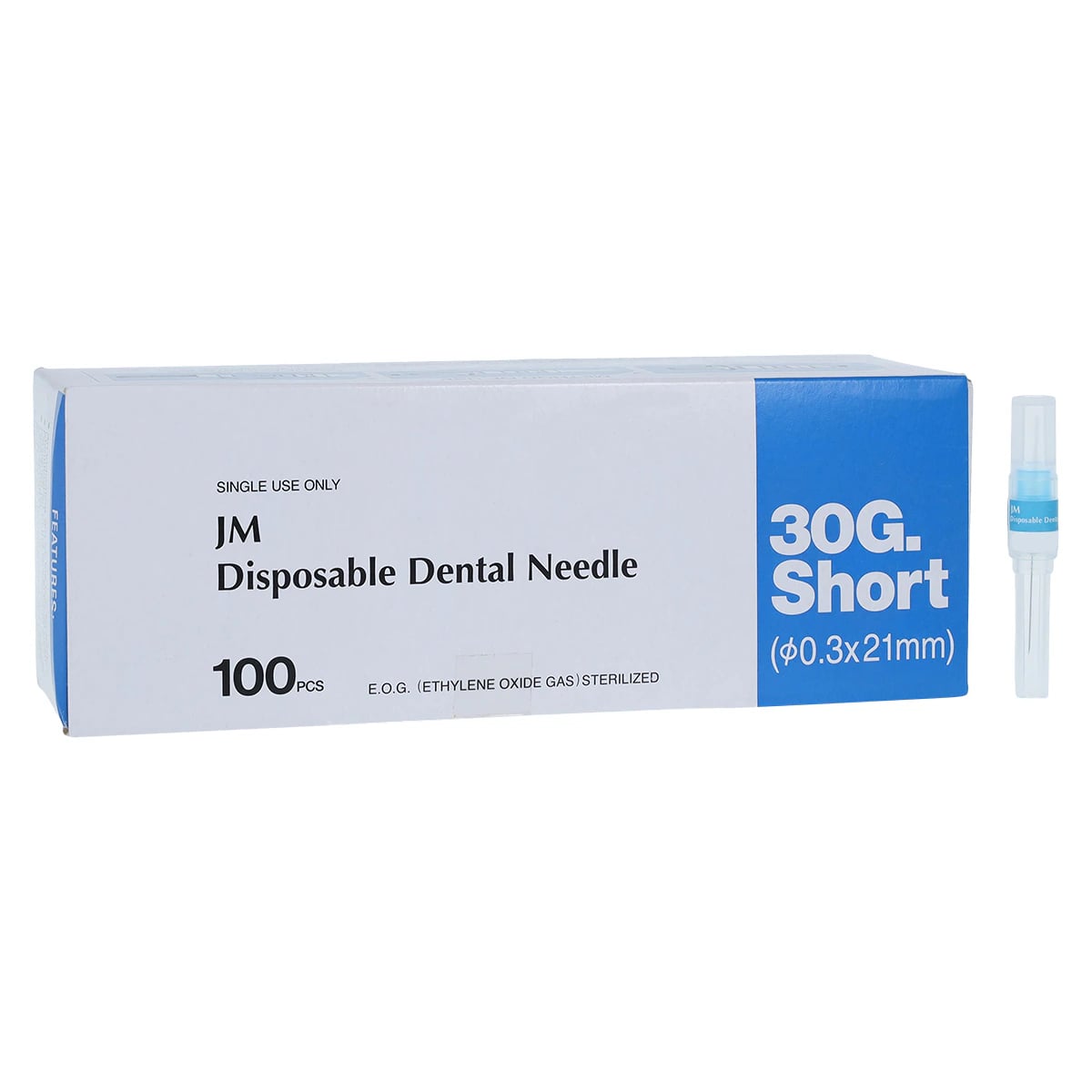 J. Morita Disposable Dental Needle, 30 Gauge Short, Plastic Hub, 21mm, Blue, 100/Box, 20-30GS
