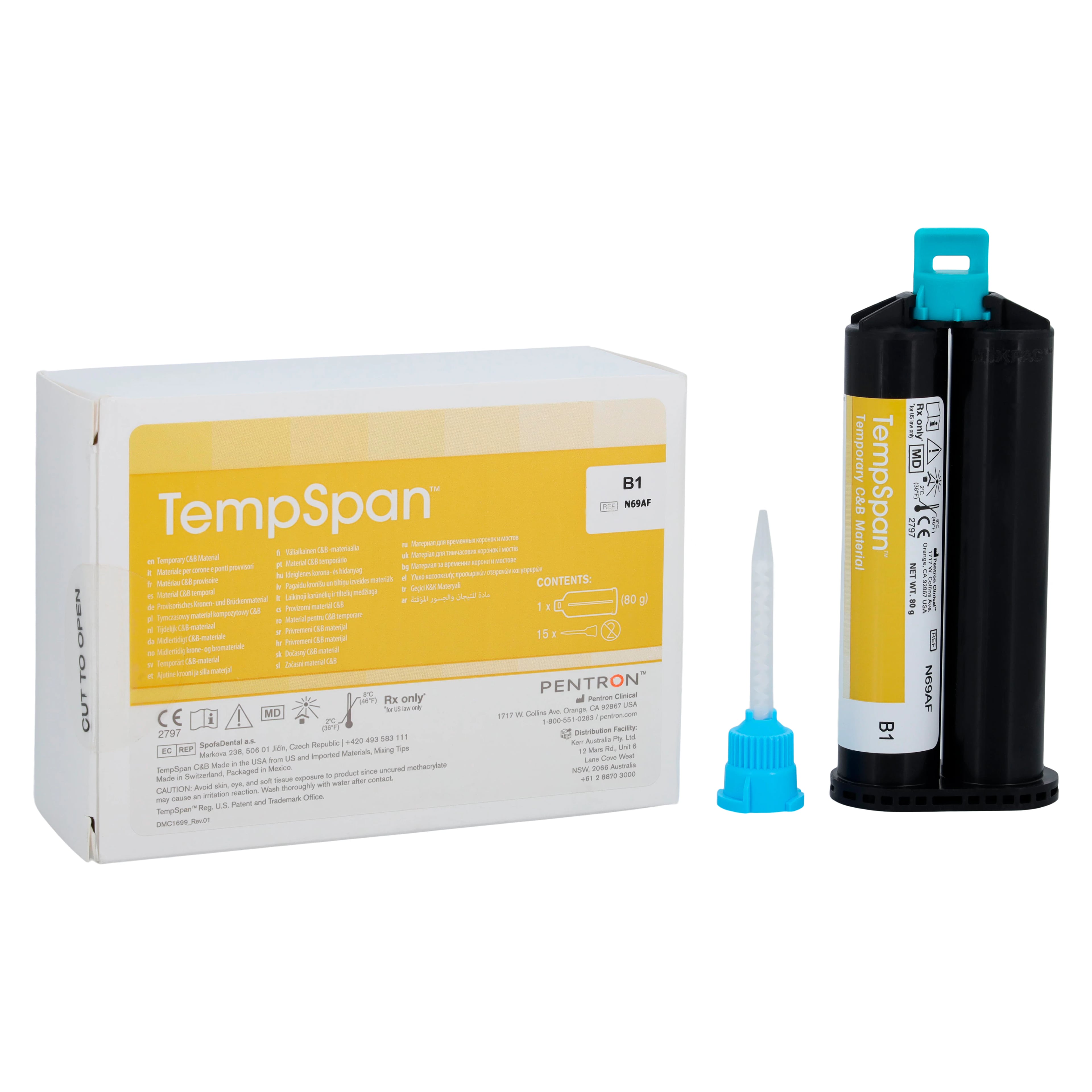 TempSpan Dual Cure Temporary Crown & Bridge Material, Cartridge Refill, Shade B1, 50 mL, 1/Pk, N69AF