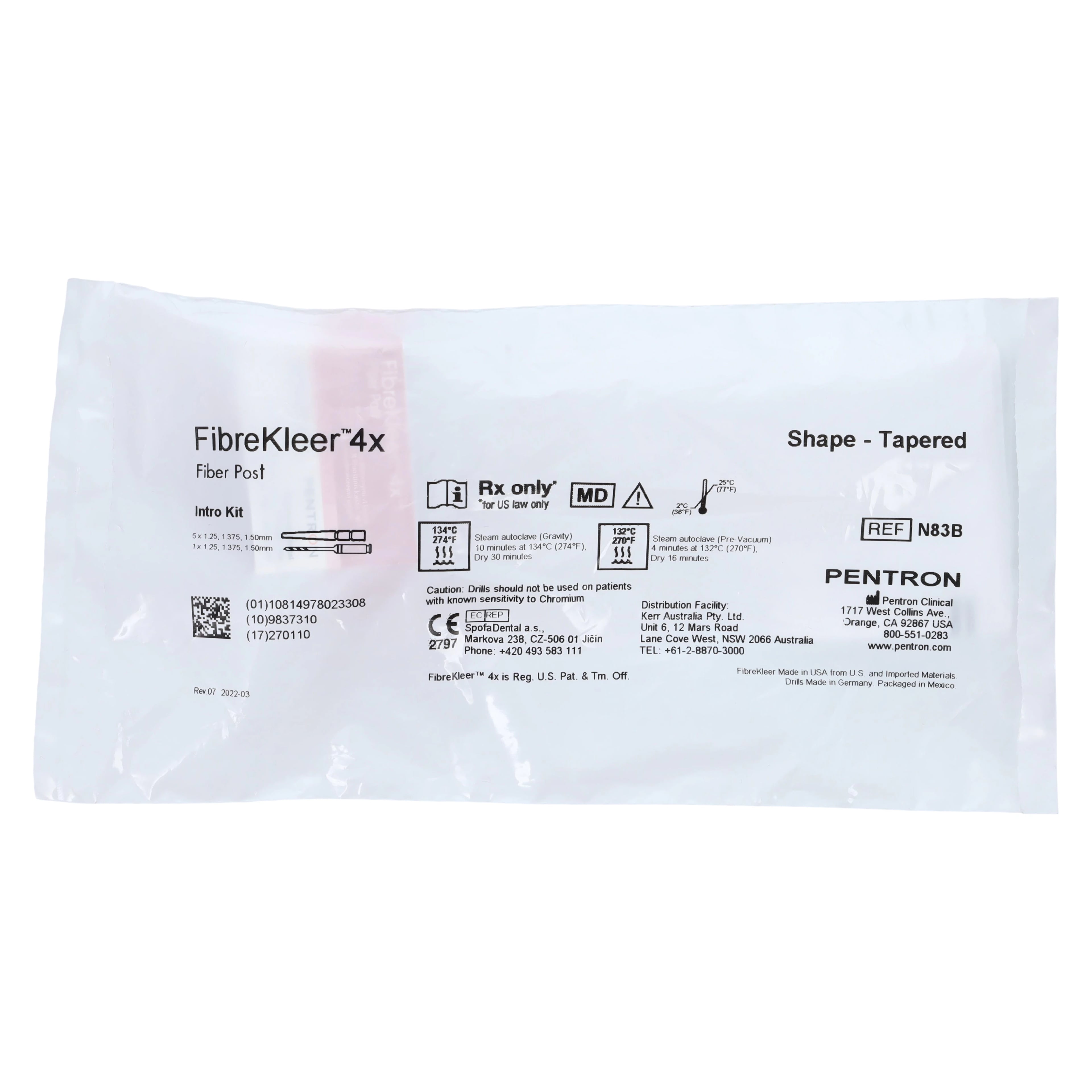 FibreKleer 4X Tapered Fiber Post Kit, 15 Posts (5 each of 1.25mm, 1.375mm, 1.50mm) and 3 Drills, N83B