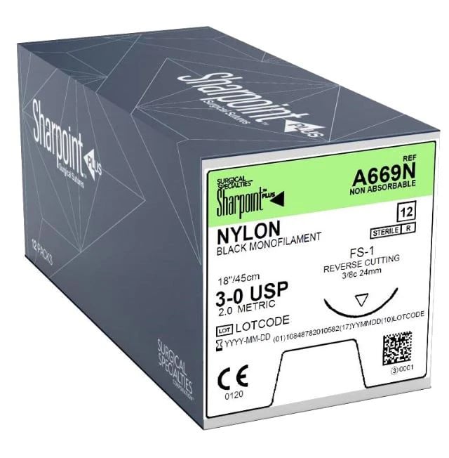 Surgical Specialties Nylon Monofilament Suture, 3-0, 30" (75cm), DS-24 Precision Reverse Cutting 3/8 Circle Needle, 24mm, Black, Non-Absorbable, 12/Box