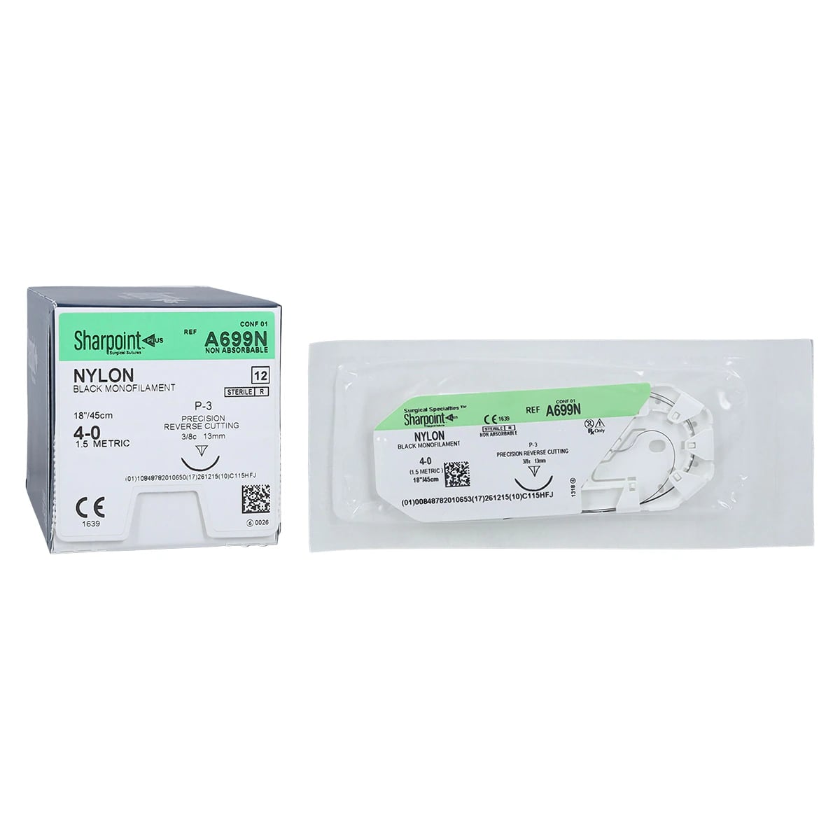 Sharpoint Plus Suture Nylon Monofilament 4-0, 18" (45cm), P-3 Precision Reverse Cutting, 3/8 Circle Needle, 13mm, Black, Uncoated, 12/Bx, DSM13/C-3