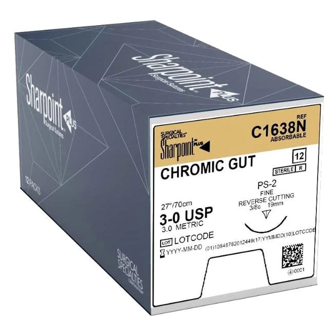 Sharpoint Plus Chromic Gut Suture, 3-0, 27" (70cm), PS-2 Precision Reverse Cutting 3/8 Circle Needle 19mm, Undyed, 12/Box, C1638N