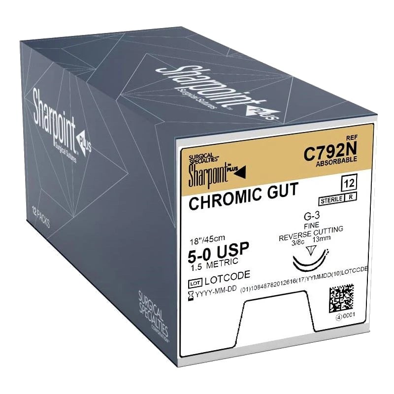 Sharpoint Plus Chromic Gut Suture, 5-0, 18 in (45 cm), Monofilament, Absorbable, G-3 Precision Reverse Cutting 3/8 Circle Needle 13 mm, Coated Beige, 12/Box, C792N