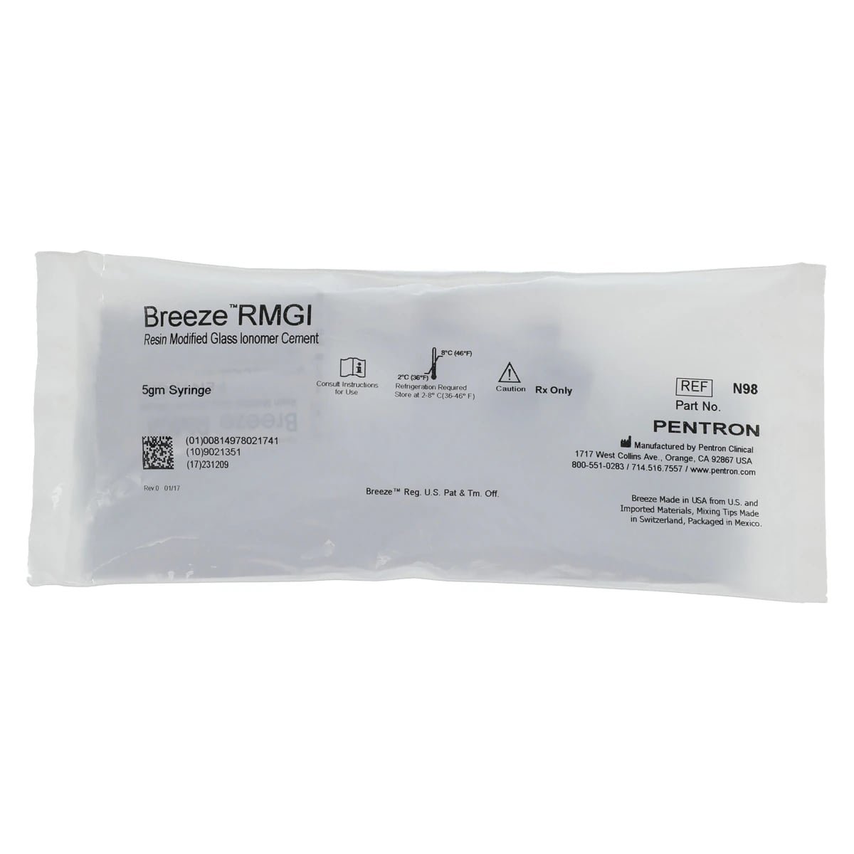 Breeze RMGI Resin-Modified Glass Ionomer Cement, Automix Syringe Refill, A2 Opaque, 5 g, 1 Syringe with 8 Tips, N98