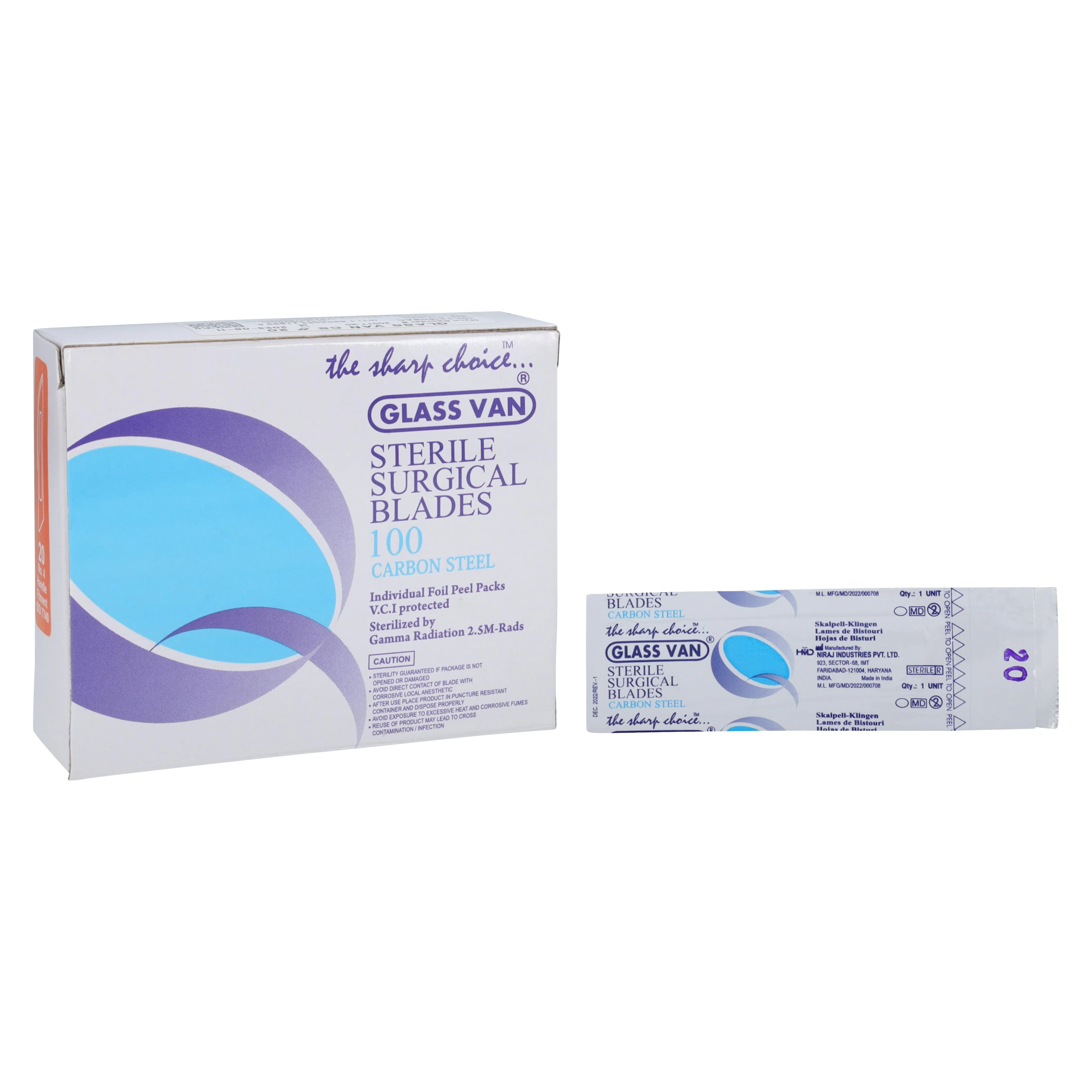 Myco Medical Glassvan Carbon Steel Surgical Blade, Size 20, Sterile, 100/Box, 2001T-20