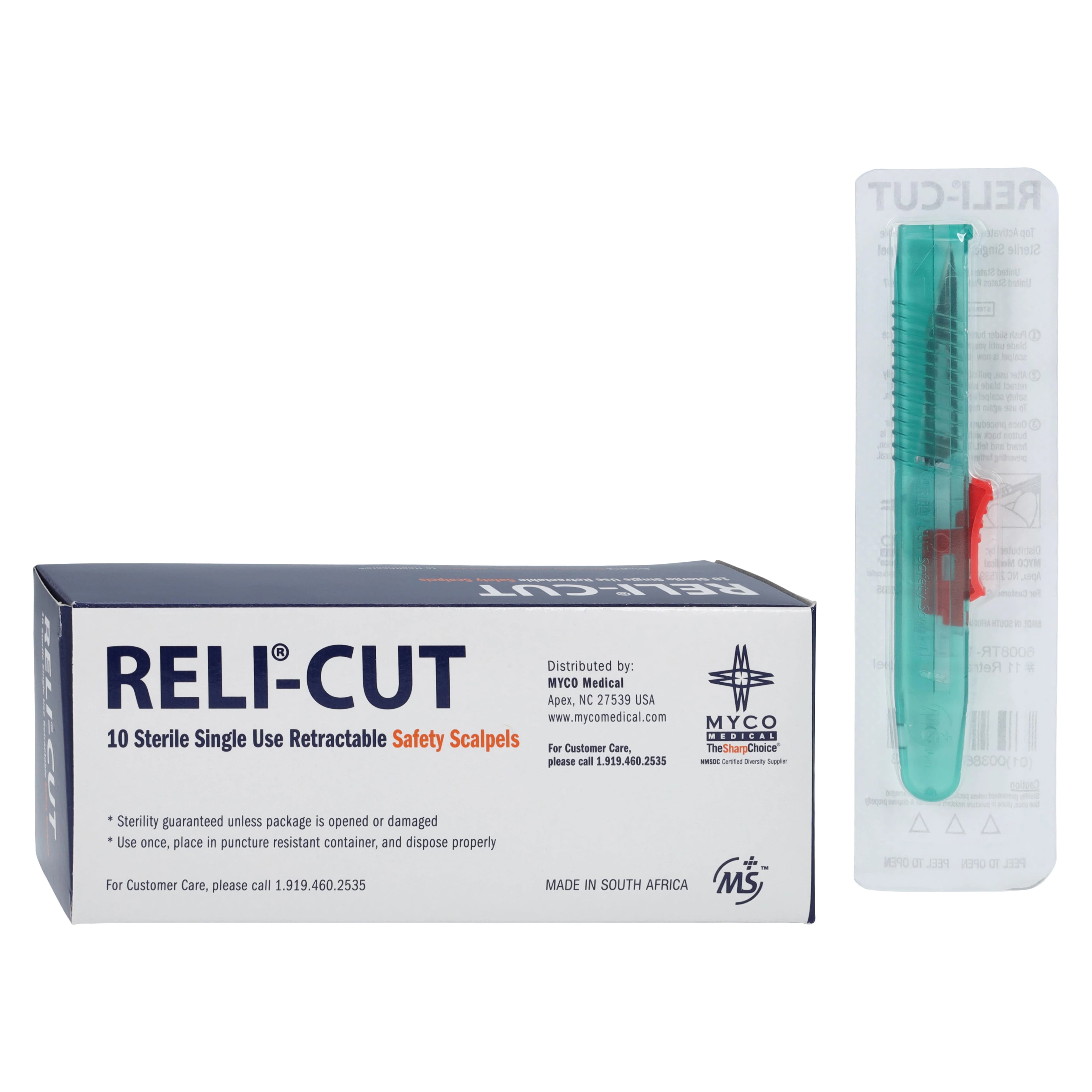 Myco Technocut Plus Disposable Safety Scalpel, #11 Stainless Steel Blade, Sterile, Retractable, 10/Box, 6008TR-11