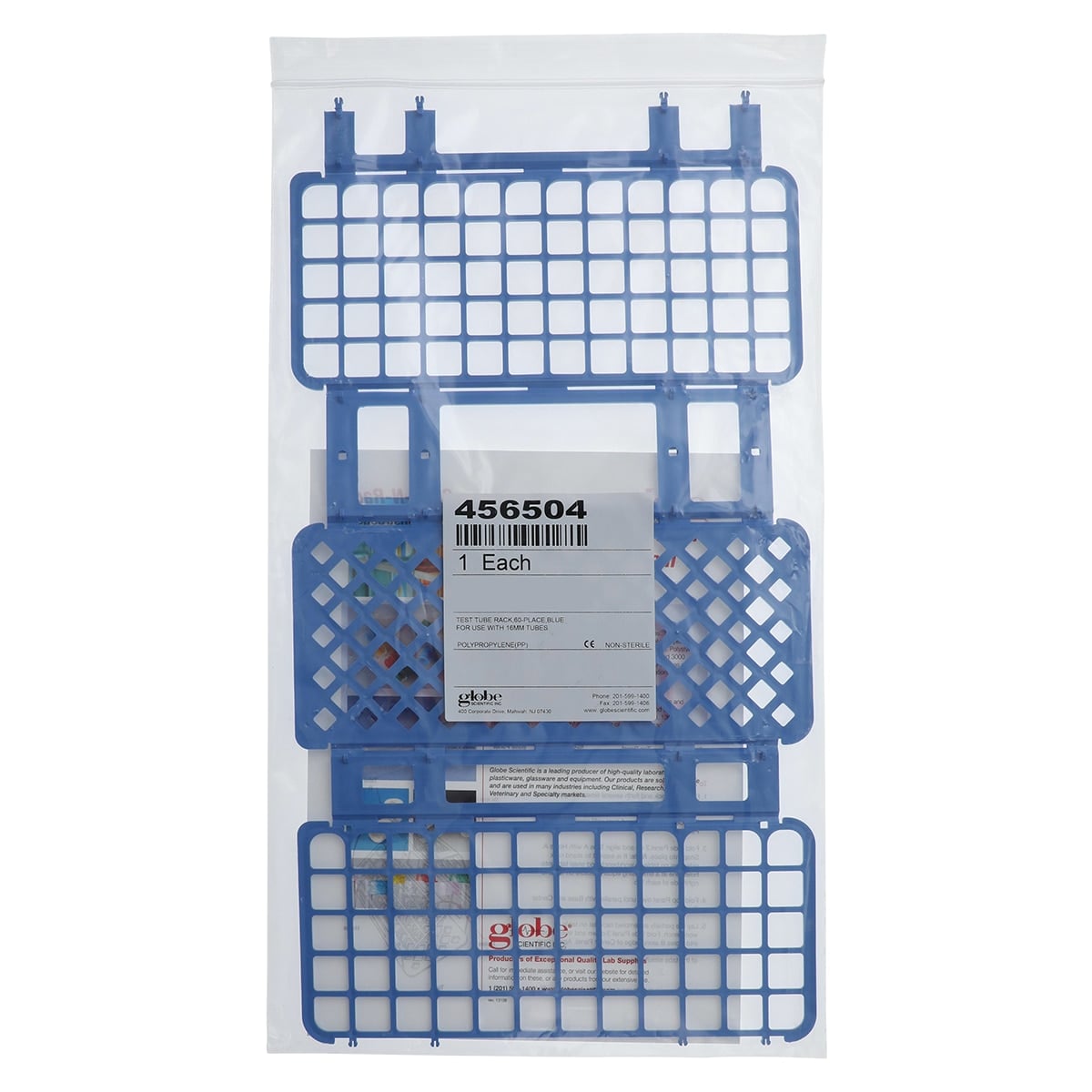 Globe Scientific Snap-N-Rack Test Tube Rack, 60-Place, 16-17mm, Blue, Autoclavable, 456504