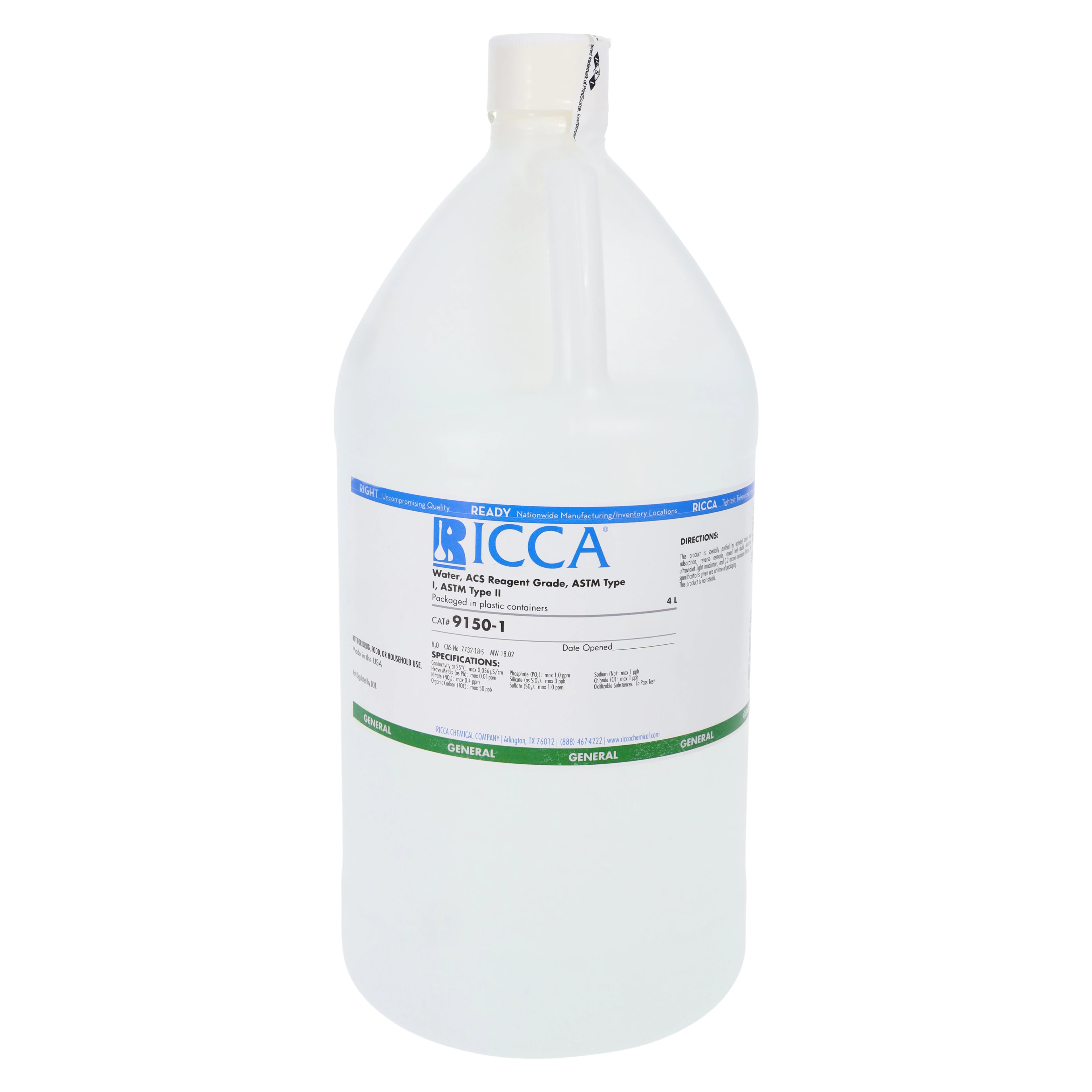 Ricca Chemical Water, ACS Reagent Grade, Deionized, 4L Cubitainer