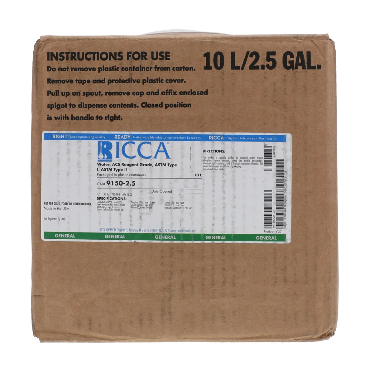 Ricca Chemical Deionized Water, ACS Reagent Grade, 10L Cubitainer