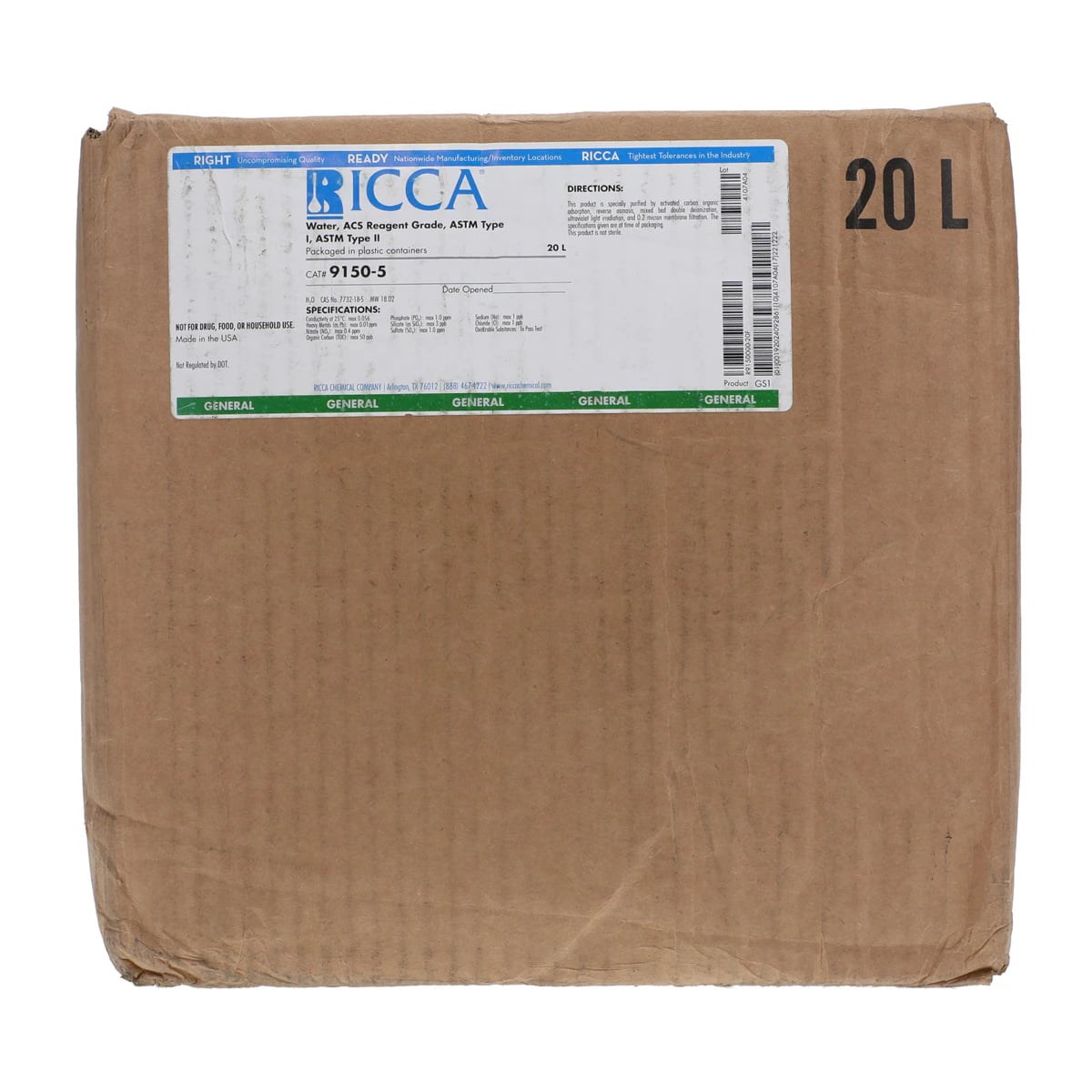 Ricca Chemical Water, ACS Reagent Grade, Deionized, 20L Cubitainer