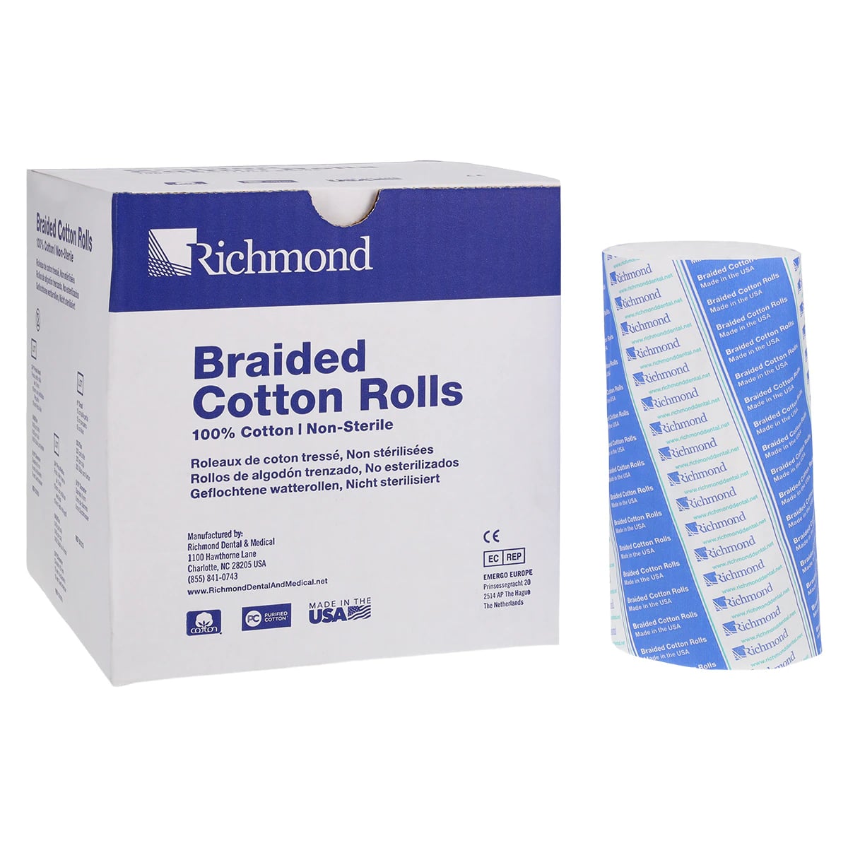 Richmond Braided Cotton Rolls, Medium, 3/8" x 6", Non-Sterile, 200/Box, 201208
