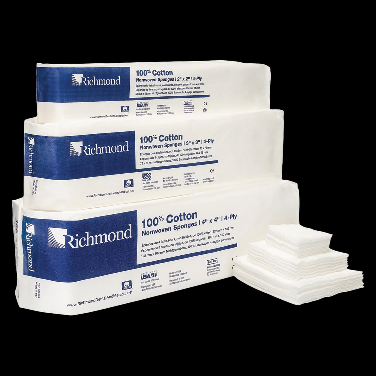 Richmond 100% Cotton Non-Woven Sponges, 4-Ply, Non-Sterile, 2" x 2", 5000/Case, 300631