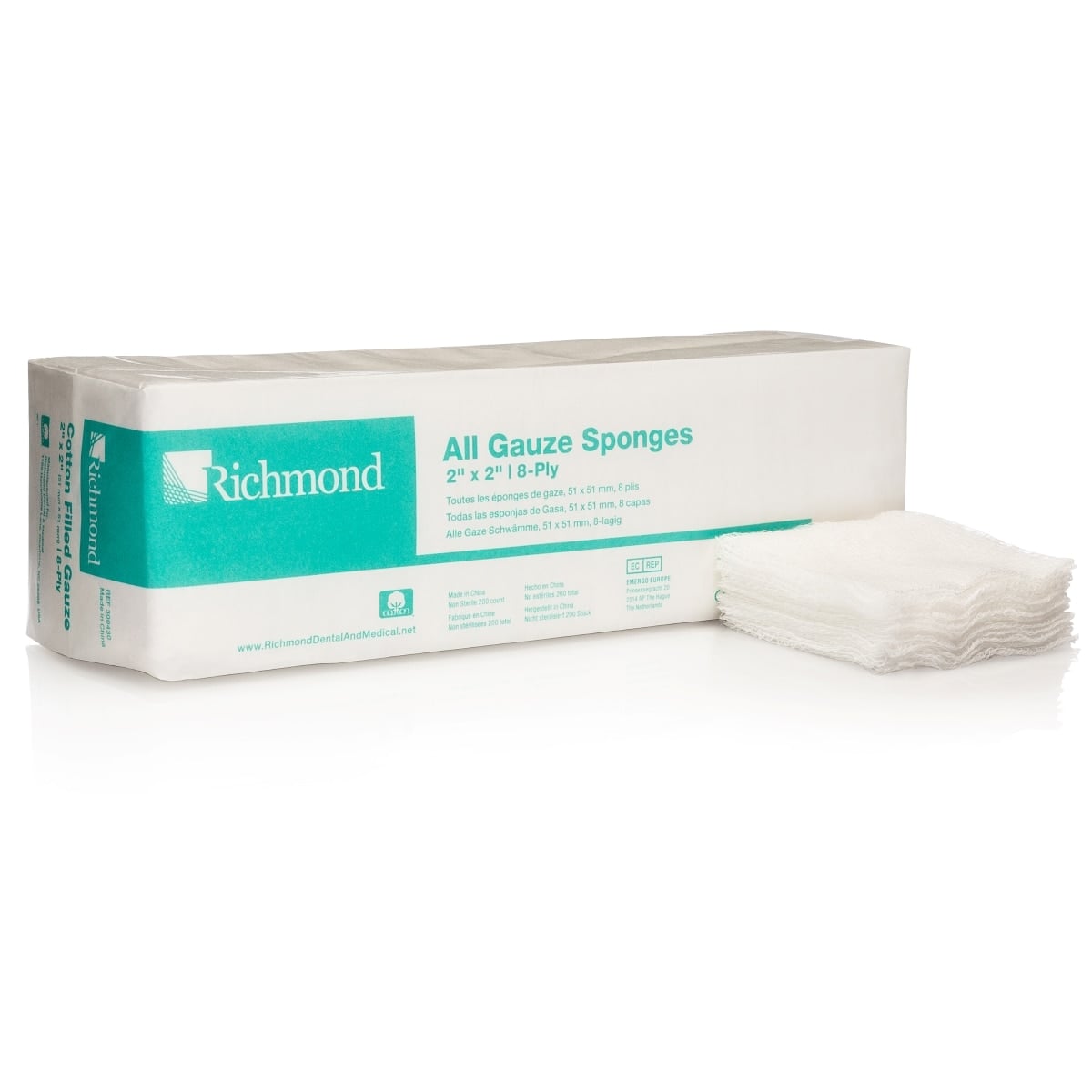 Richmond All Gauze Sponges, 2" x 2", 12-Ply, Non-Sterile, 200/Sleeve, 25 Sleeves/Case (5000/Case), 300420