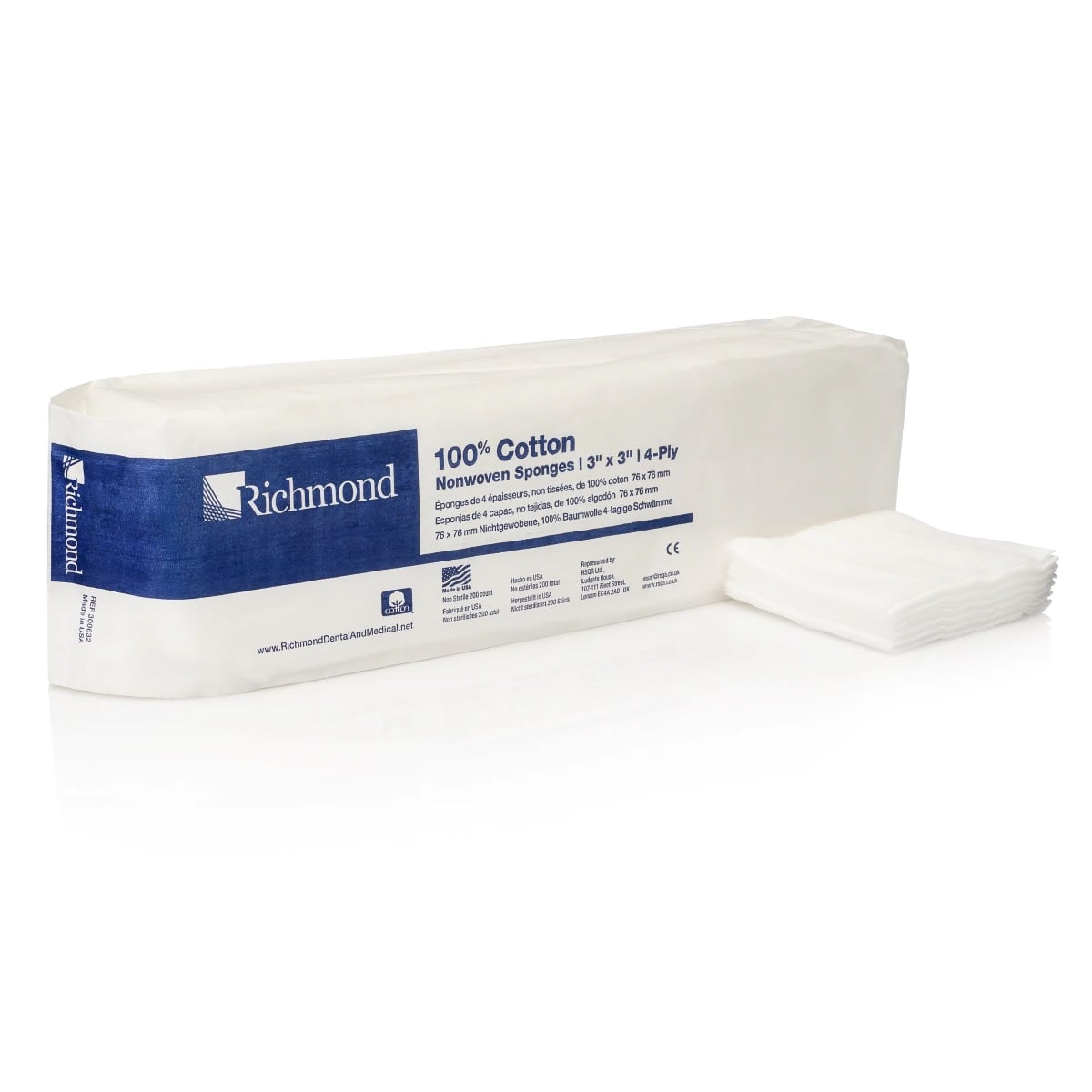Richmond 100% Cotton Nonwoven Sponges, 3" x 3", 4-Ply, Non-Sterile, 4000/Case (20 Sleeves of 200), 300632
