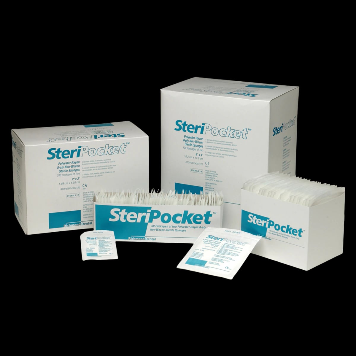 Richmond SteriPocket Rayon/Poly Non-Woven Sponges, Sterile, 8-Ply, 4" x 4", 2/Pk, 100 Pk/Box, 303122