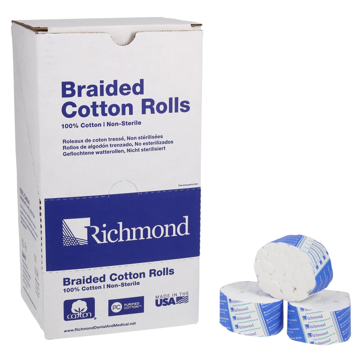 Richmond Braided Cotton Rolls, Large, 1/2" x 1 1/2", Non-Sterile, 1000/Box, 201201